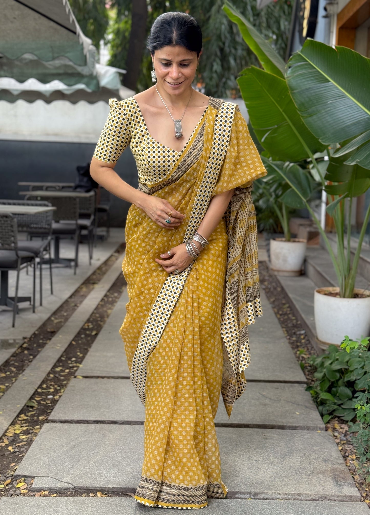 Handmade Natural Dyed Handblock Bagru/Dabu Printed Kota Doria Saree With Dabu Patch Border.