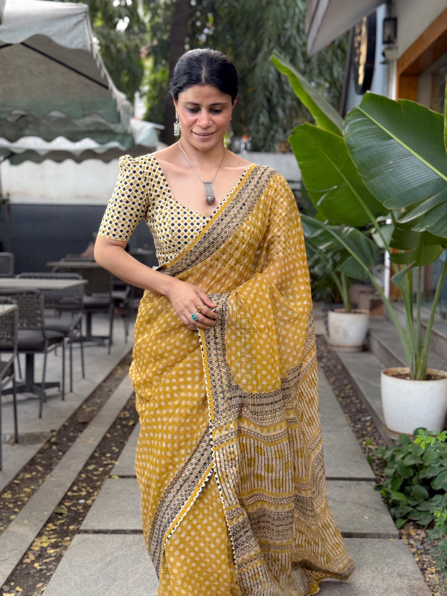Handmade Natural Dyed Handblock Bagru/Dabu Printed Kota Doria Saree With Dabu Patch Border.