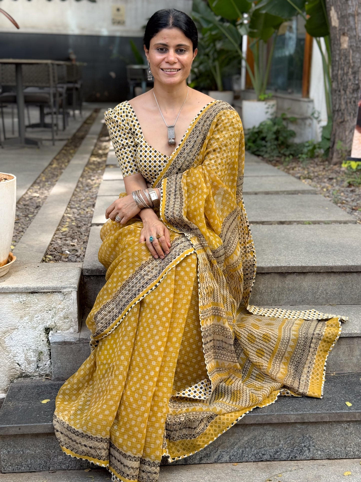 Handmade Natural Dyed Handblock Bagru/Dabu Printed Kota Doria Saree With Dabu Patch Border.