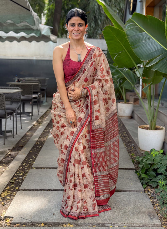 Handmade Natural Dyed Handblock Bagru / Dabu Printed Kota Doria Saree With Dabu Patch Border.