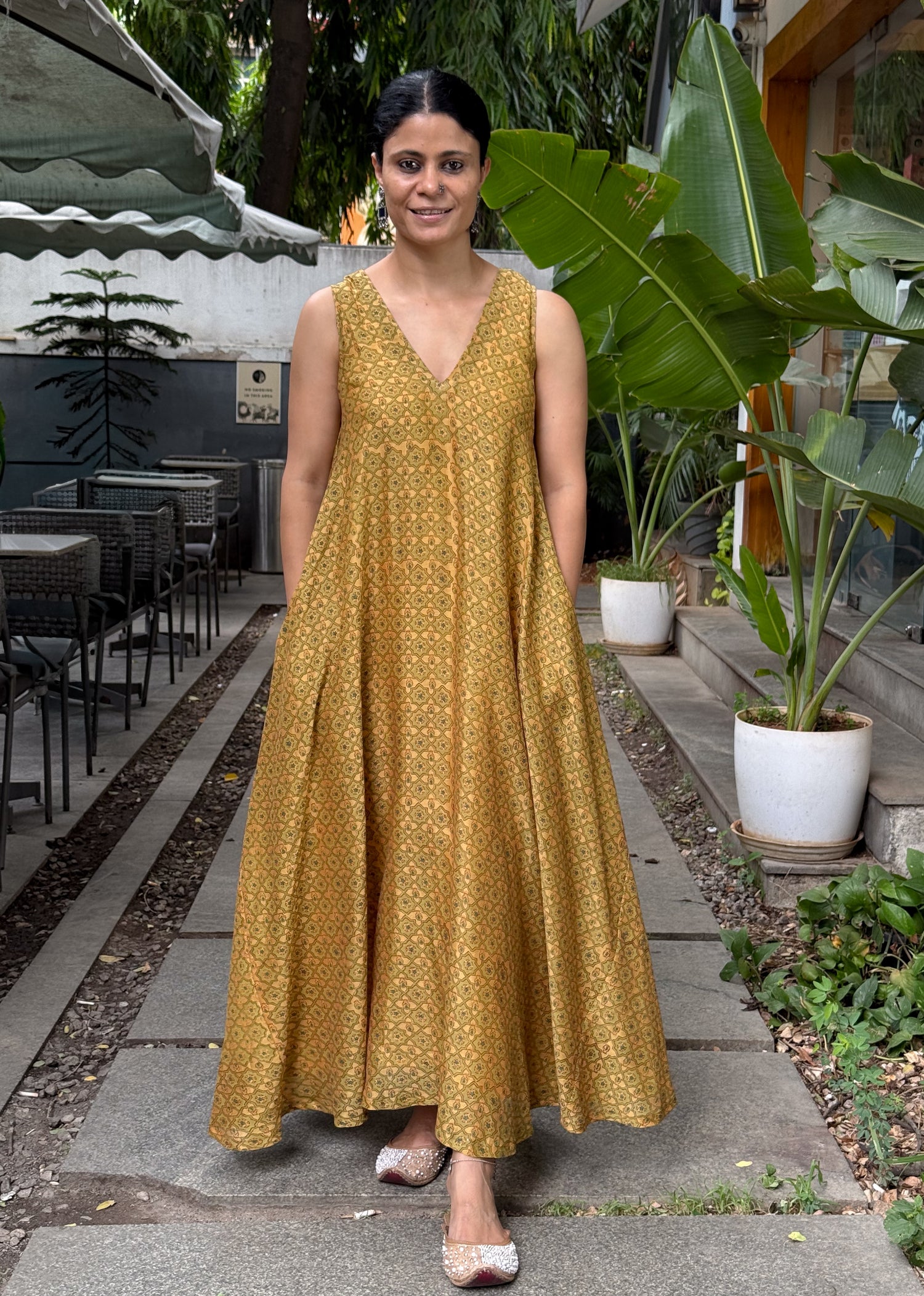 Handblock Printed  Pure Chanderi Silk Dress.