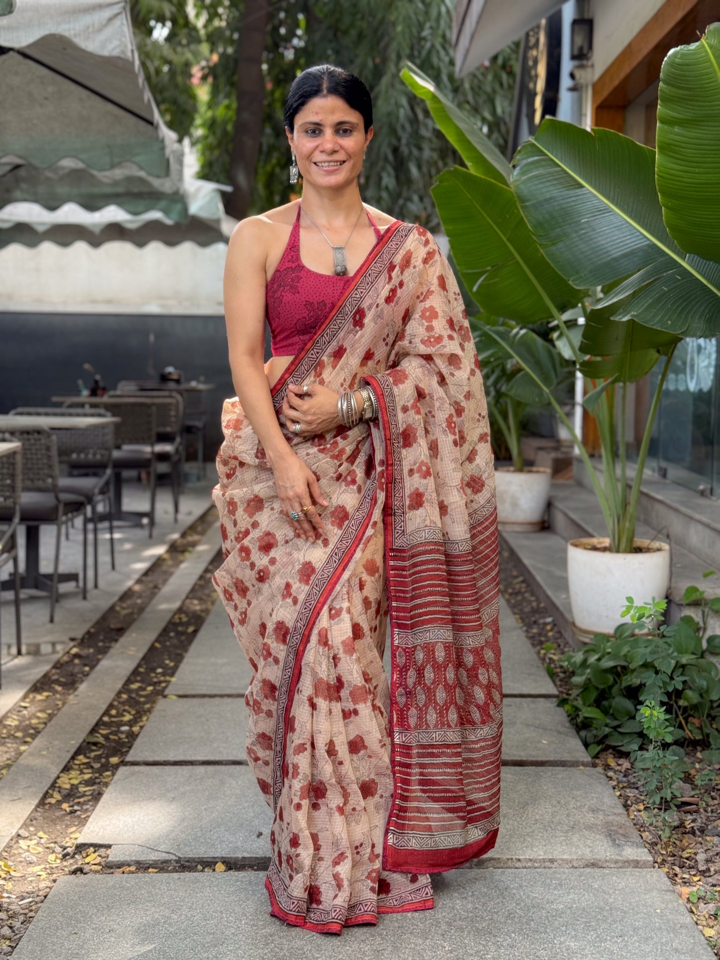 Handmade Natural Dyed Handblock Bagru / Dabu Printed Kota Doria Saree With Dabu Patch Border.