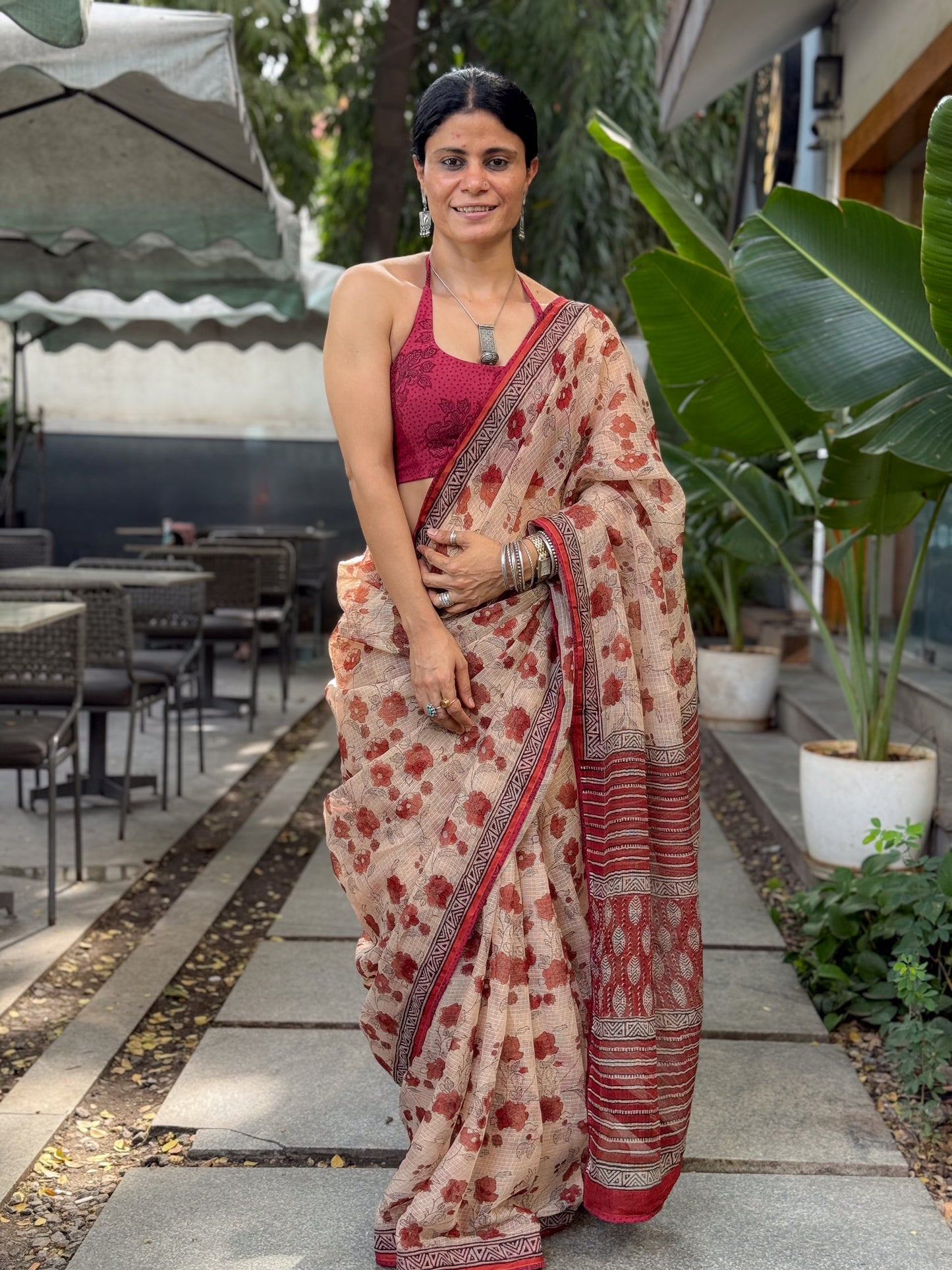Handmade Natural Dyed Handblock Bagru / Dabu Printed Kota Doria Saree With Dabu Patch Border.