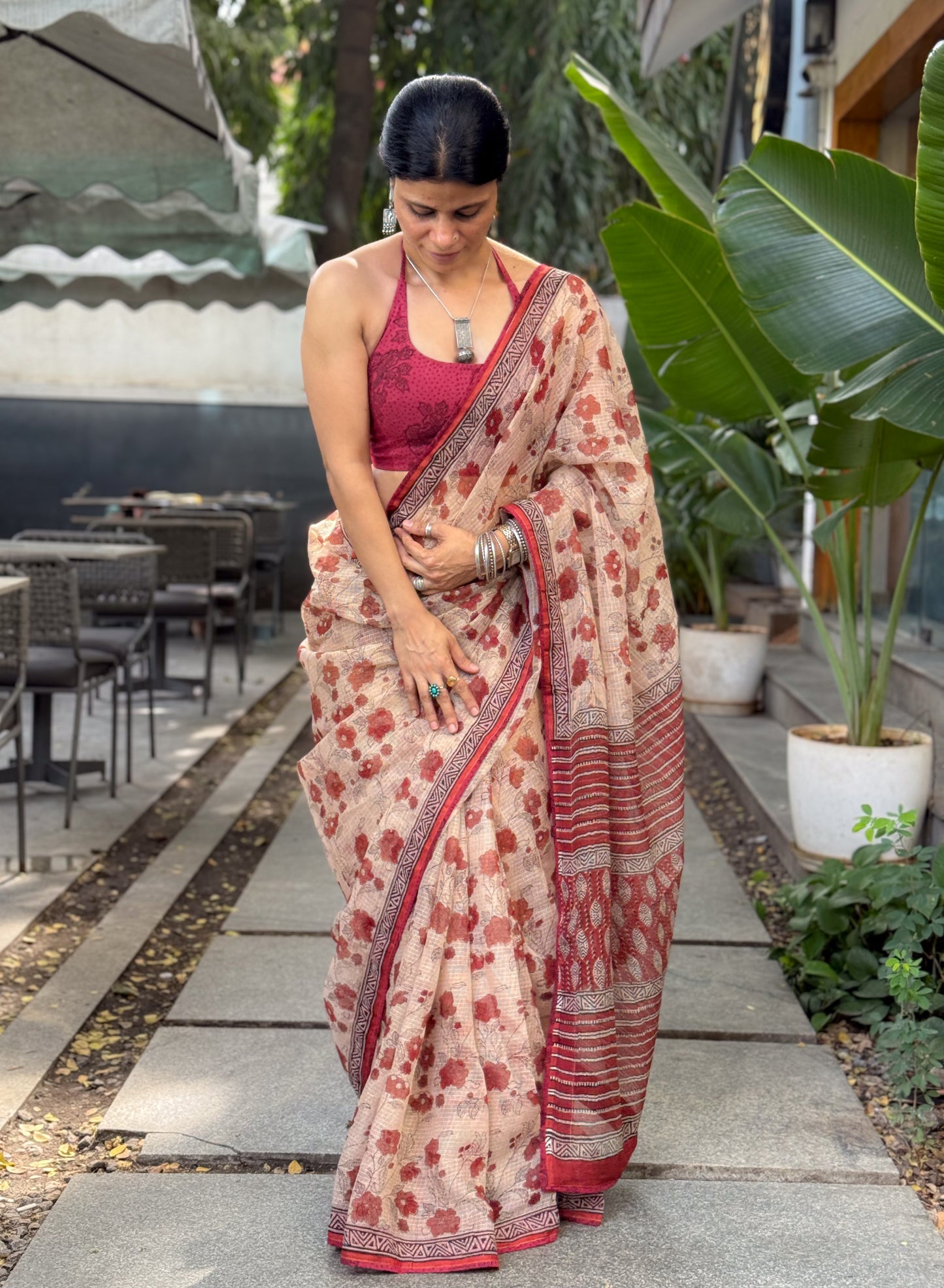 Handmade Natural Dyed Handblock Bagru / Dabu Printed Kota Doria Saree With Dabu Patch Border.