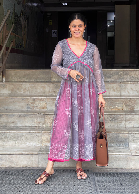 Handblock Printed Natural Dyed Kota Doria Kalidar Side Cut Kurta