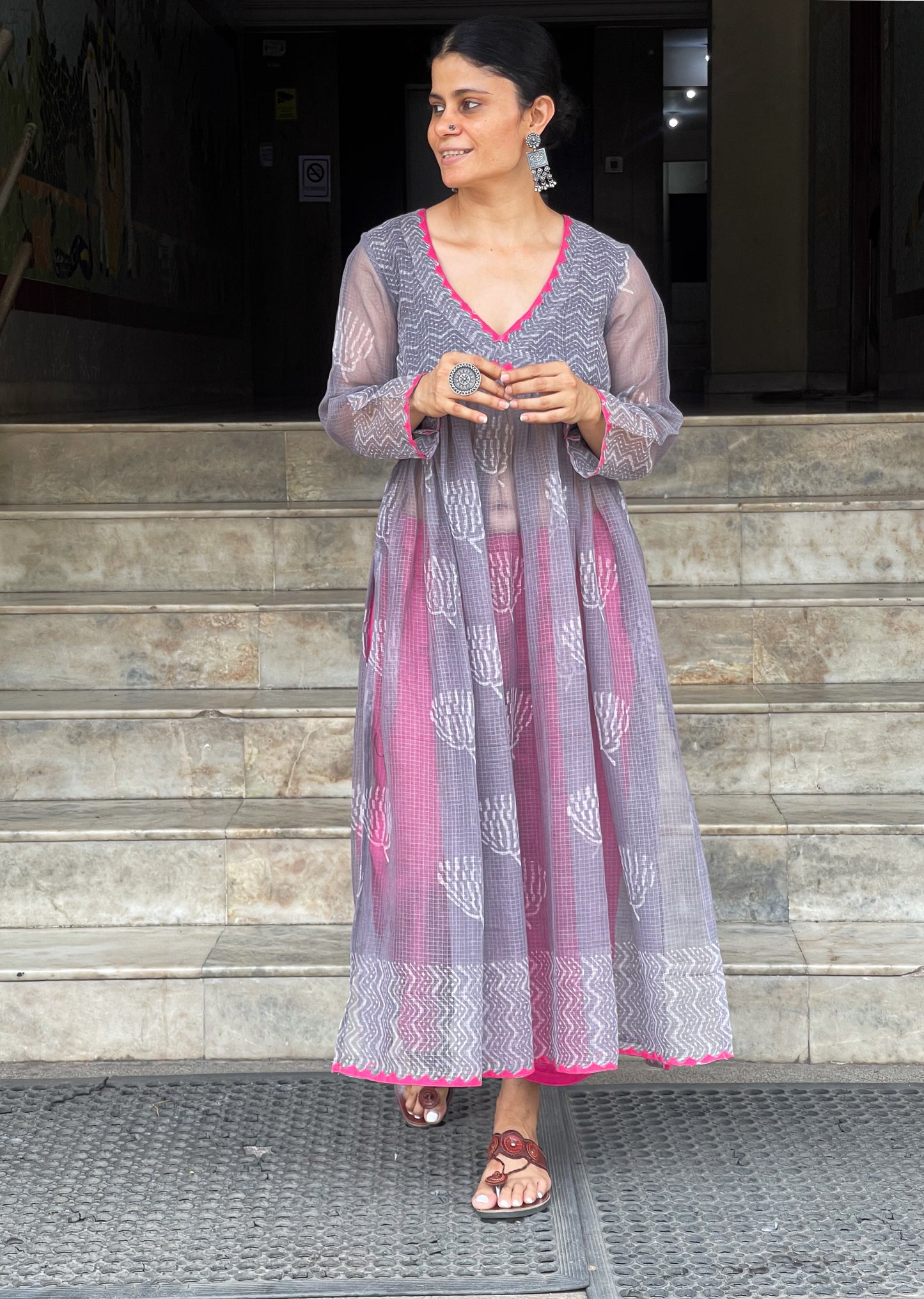 Handblock Printed Natural Dyed Kota Doria Kalidar Side Cut Kurta