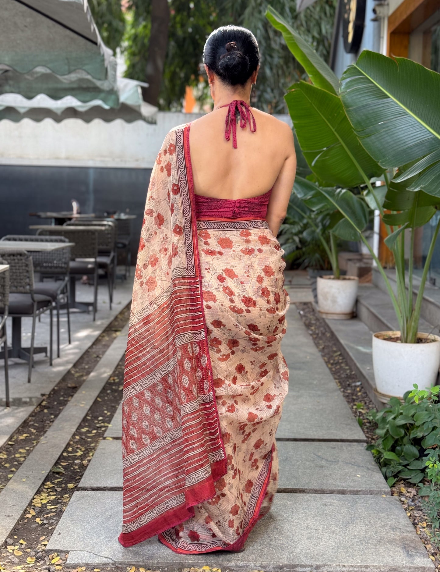 Handmade Natural Dyed Handblock Bagru / Dabu Printed Kota Doria Saree With Dabu Patch Border.