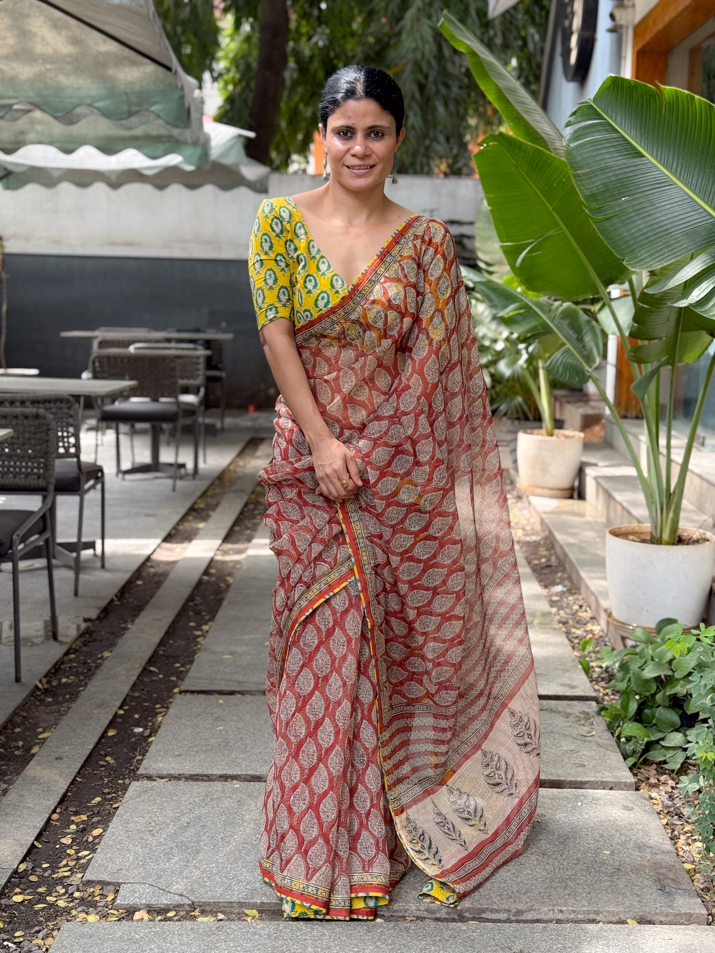 Handmade Natural Dyed Handblock Bagru / Dabu Printed Kota Doria Saree With Dabu Patch Border.