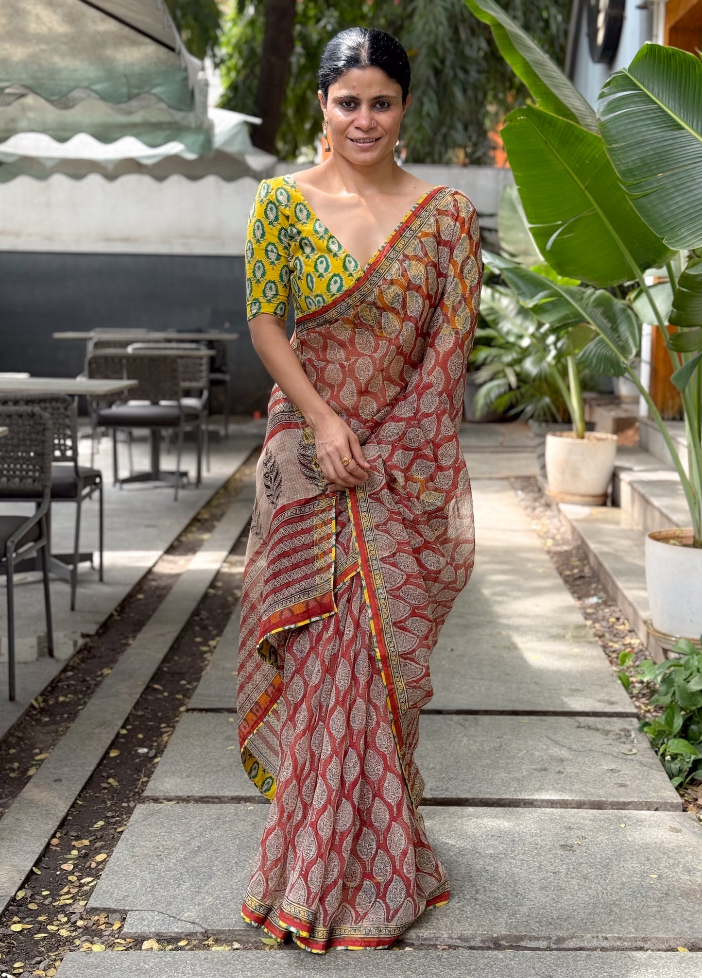 Handmade Natural Dyed Handblock Bagru / Dabu Printed Kota Doria Saree With Dabu Patch Border.