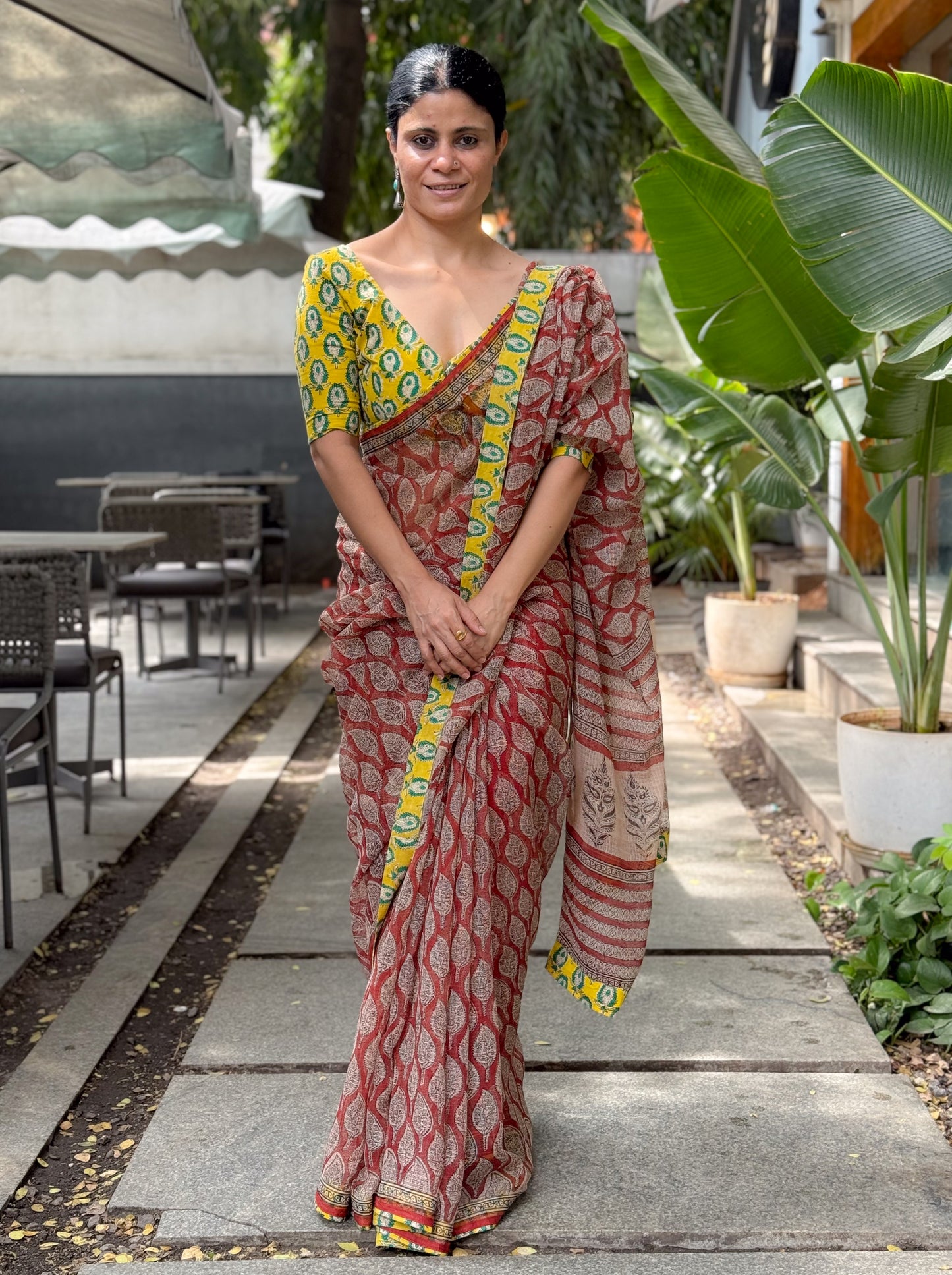 Handmade Natural Dyed Handblock Bagru / Dabu Printed Kota Doria Saree With Dabu Patch Border.