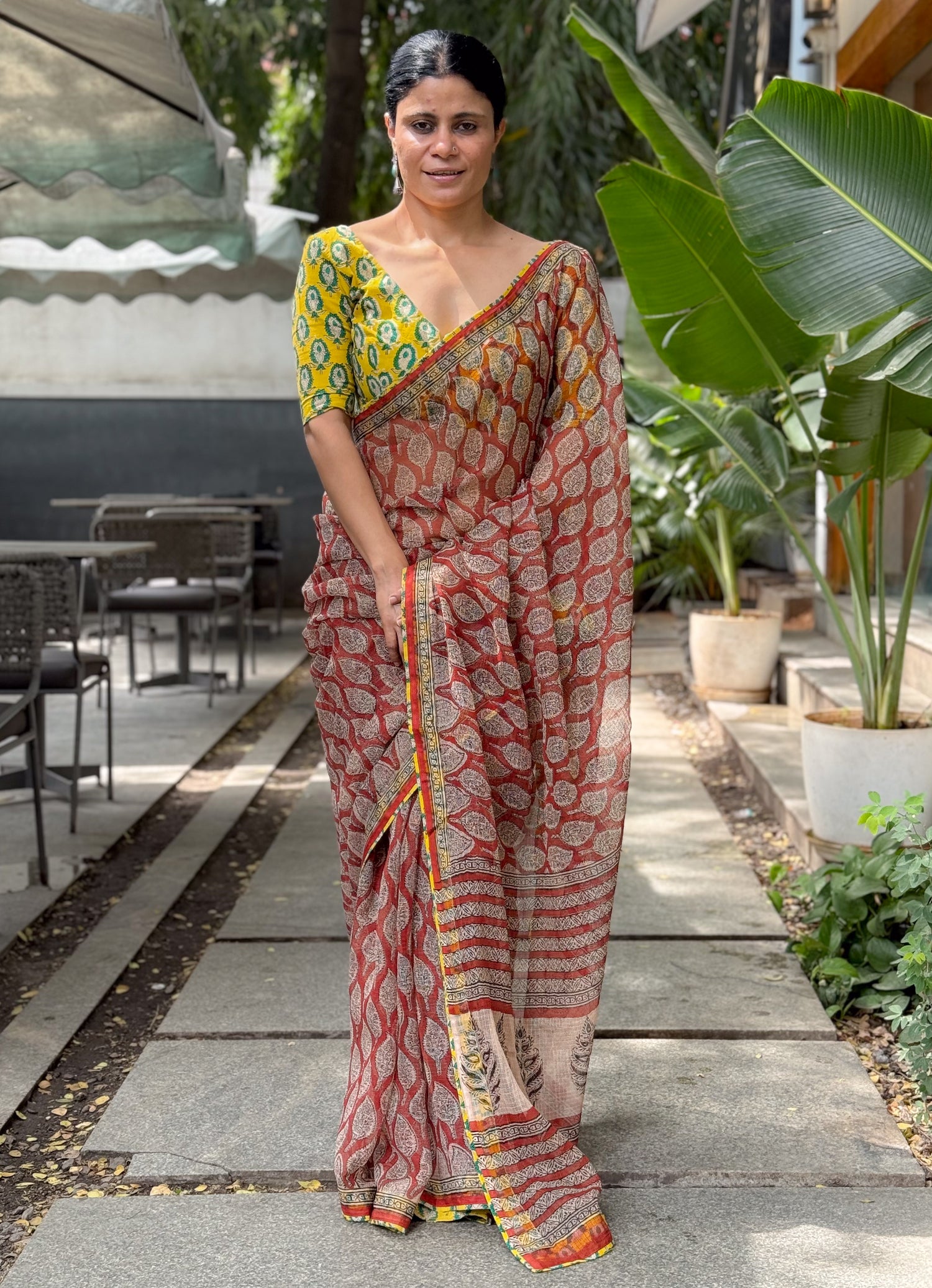 Handmade Natural Dyed Handblock Bagru / Dabu Printed Kota Doria Saree With Dabu Patch Border.