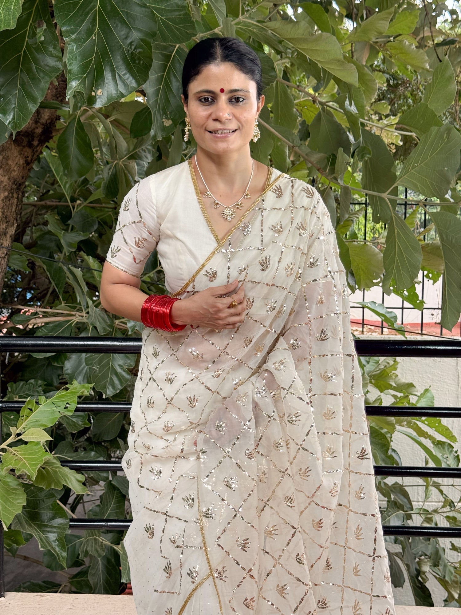 Handloom Organza Silk Saree with Hand-Embroidered Mukaish Work