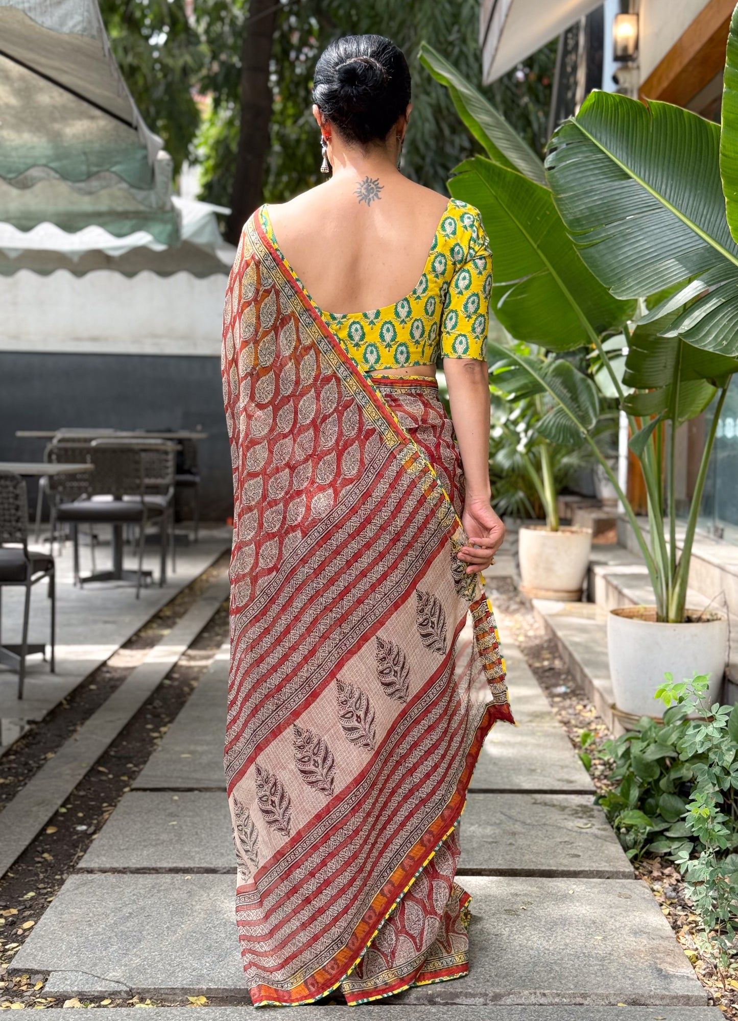 Handmade Natural Dyed Handblock Bagru / Dabu Printed Kota Doria Saree With Dabu Patch Border.