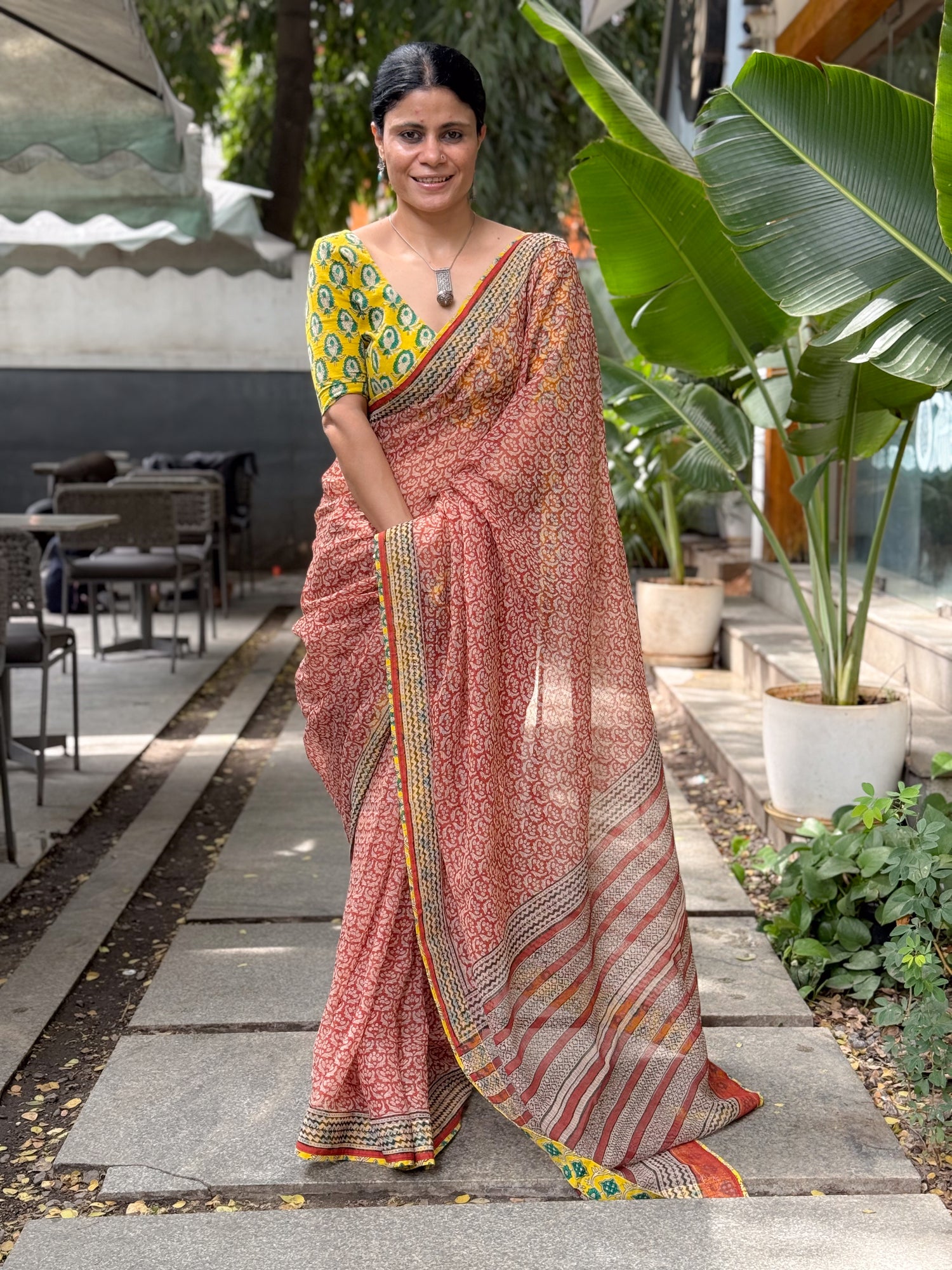 Handmade Natural Dyed Handblock Bagru / Dabu Printed Kota Doria Saree With Dabu Patch Border.