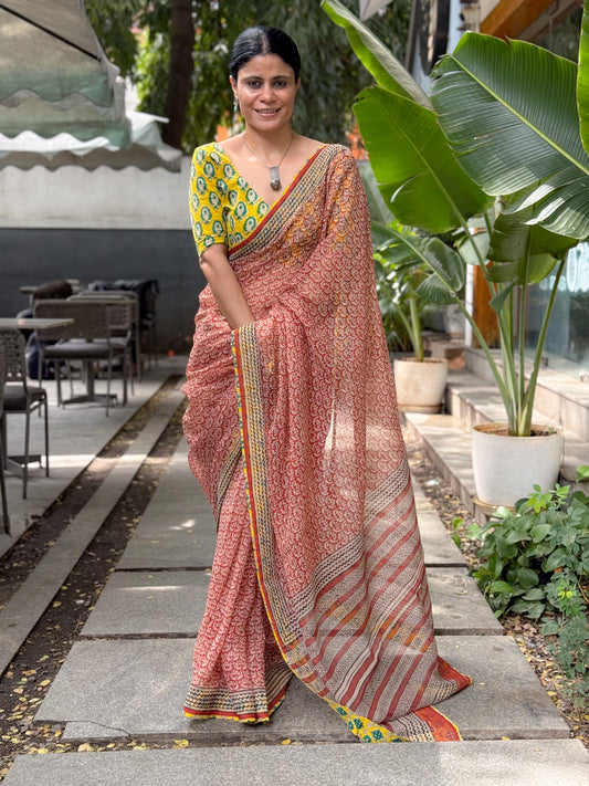 Handmade Natural Dyed Handblock Bagru / Dabu Printed Kota Doria Saree With Dabu Patch Border.