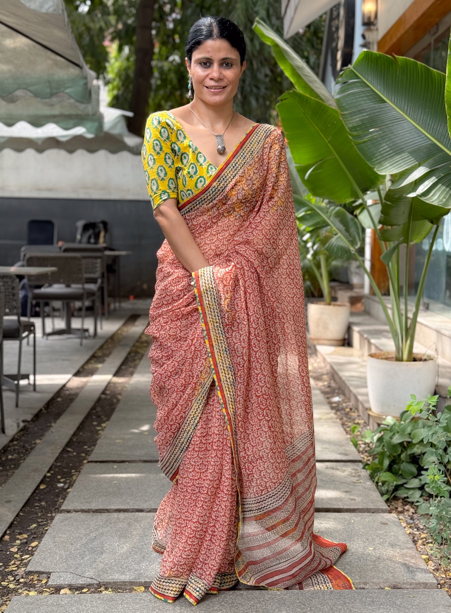 Handmade Natural Dyed Handblock Bagru / Dabu Printed Kota Doria Saree With Dabu Patch Border.