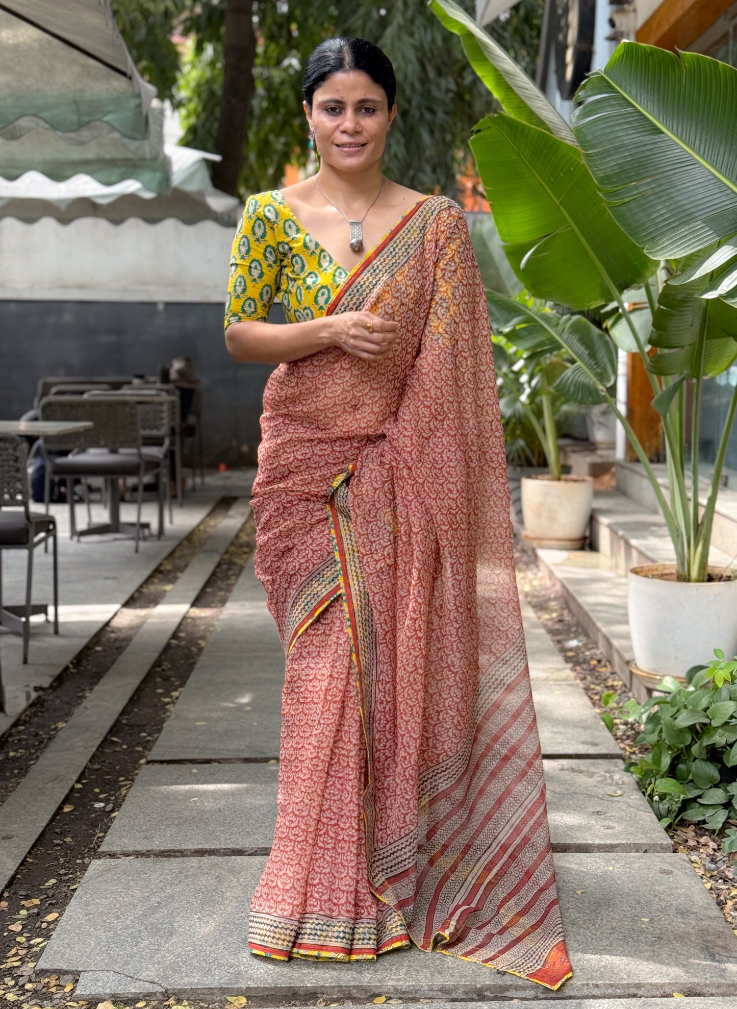 Handmade Natural Dyed Handblock Bagru / Dabu Printed Kota Doria Saree With Dabu Patch Border.