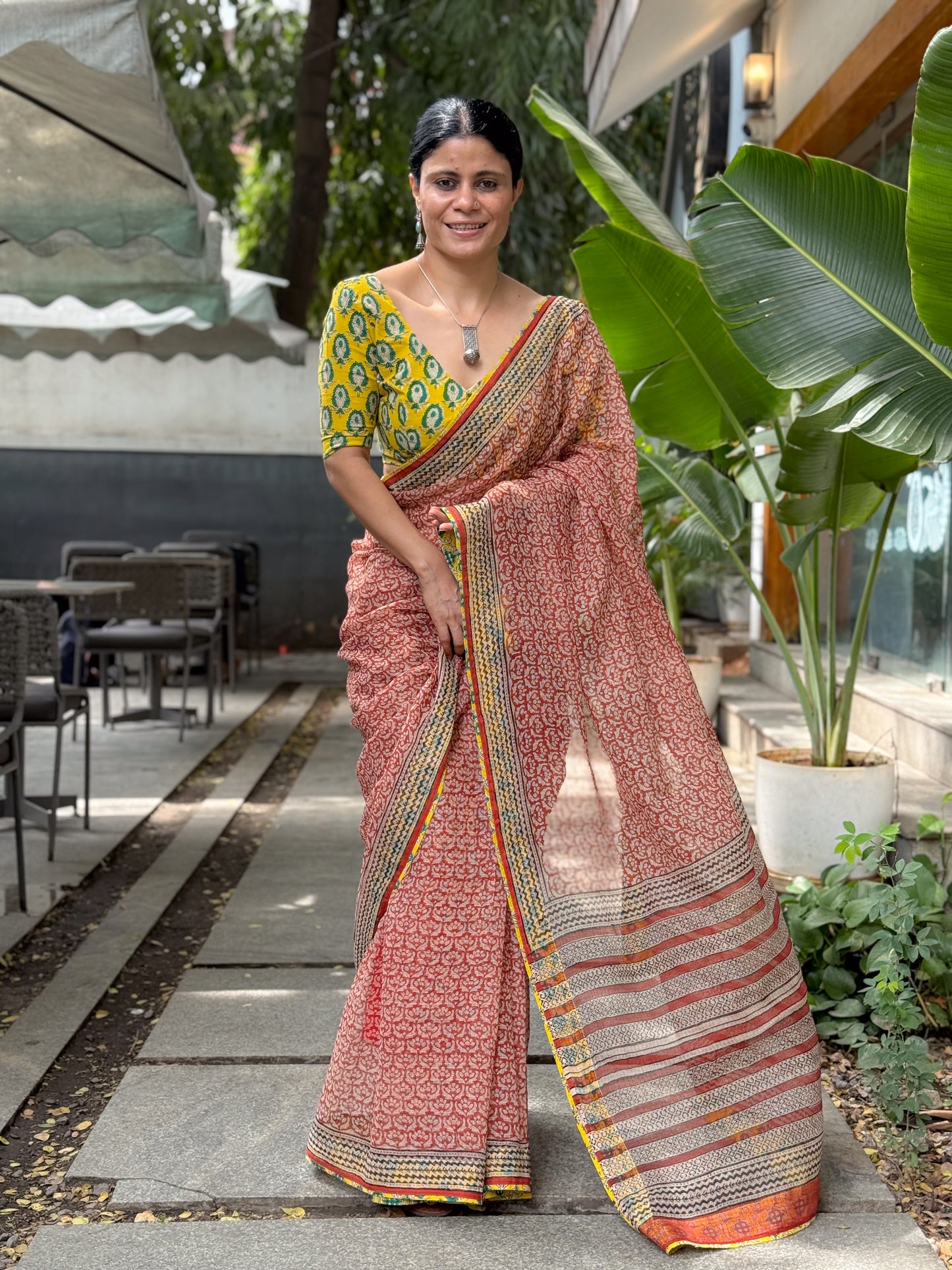 Handmade Natural Dyed Handblock Bagru / Dabu Printed Kota Doria Saree With Dabu Patch Border.