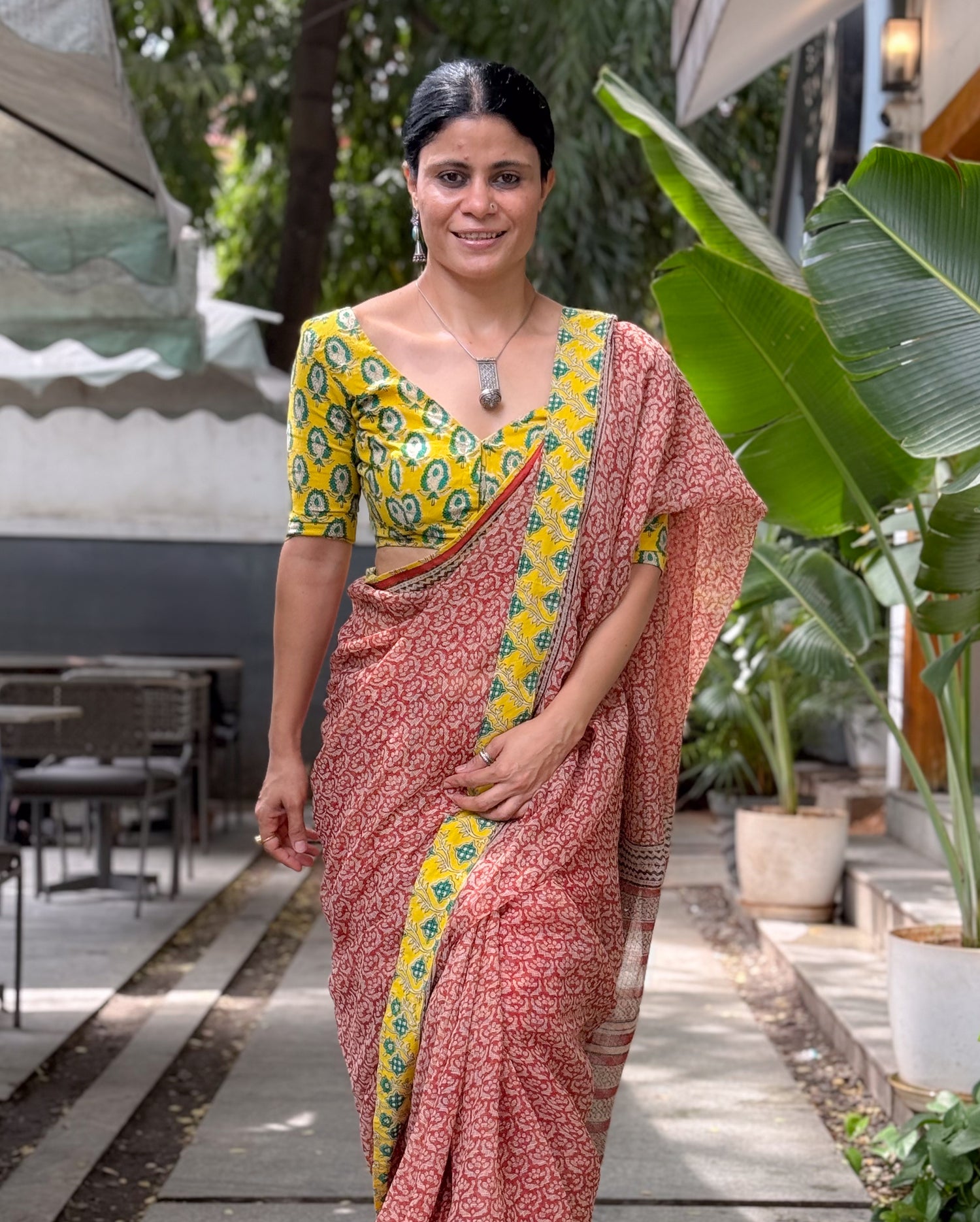 Handmade Natural Dyed Handblock Bagru / Dabu Printed Kota Doria Saree With Dabu Patch Border.