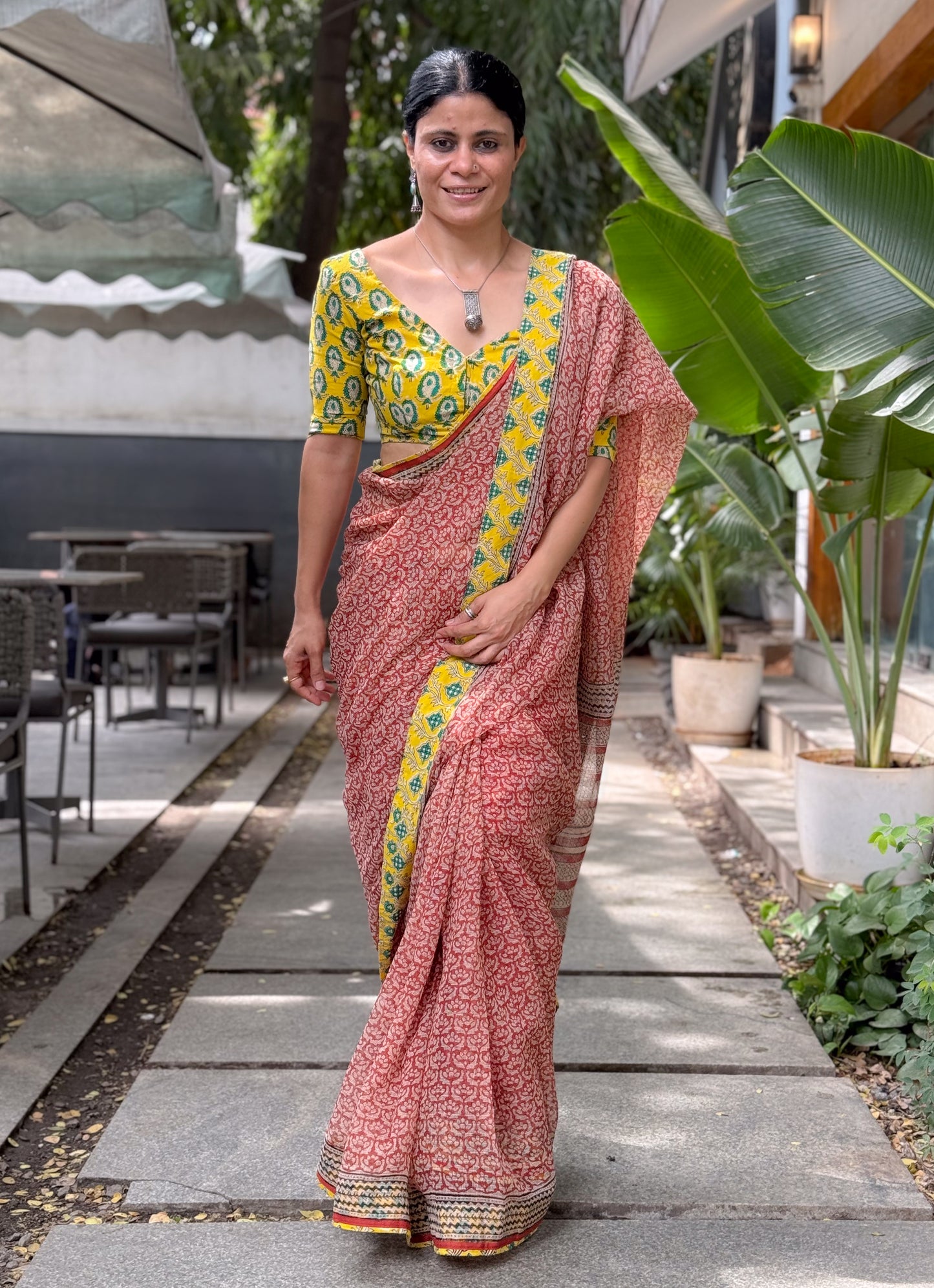 Handmade Natural Dyed Handblock Bagru / Dabu Printed Kota Doria Saree With Dabu Patch Border.