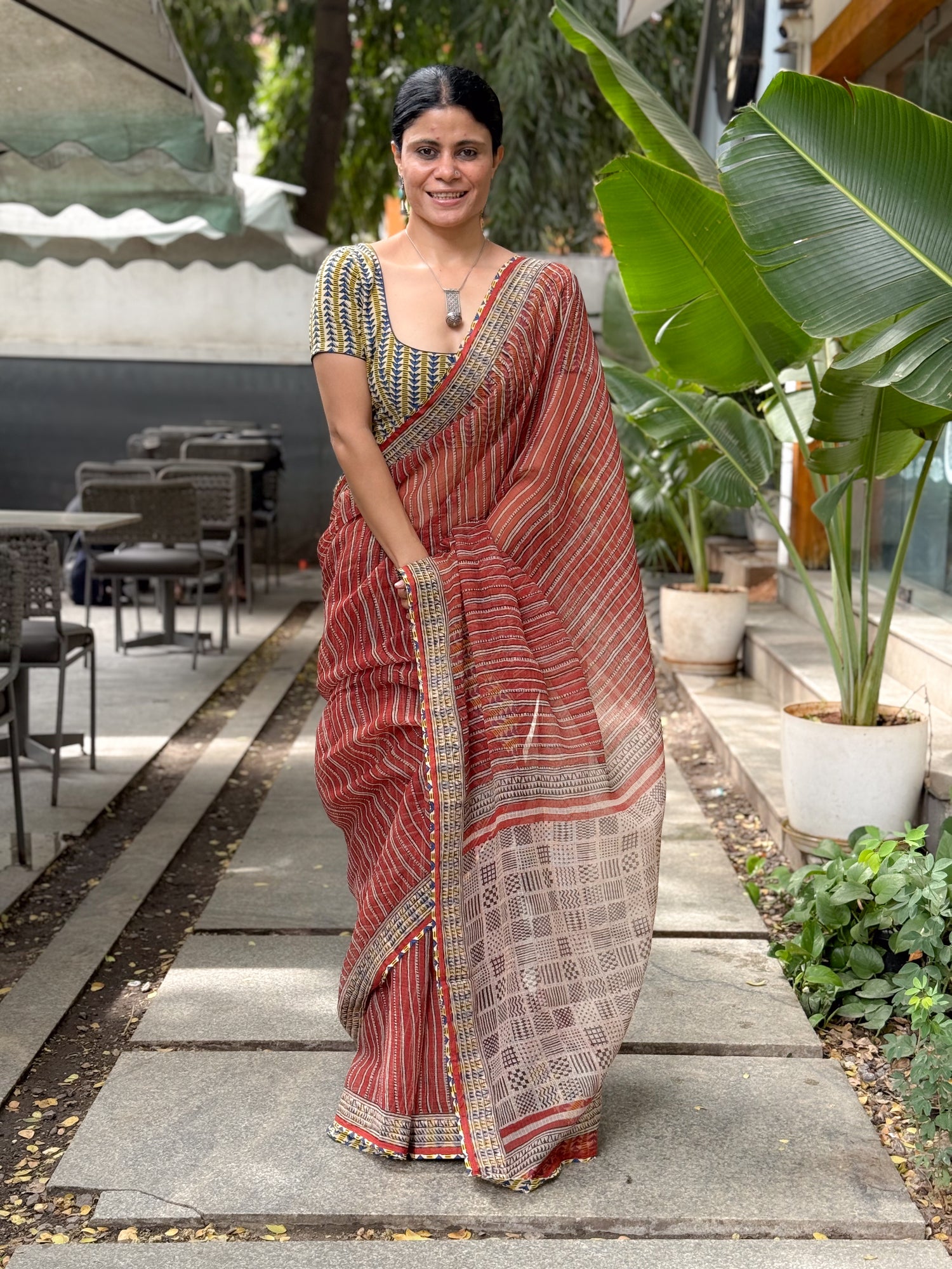 Handmade Natural Dyed Handblock Bagru / Dabu Printed Kota Doria Saree With Dabu Patch Border.