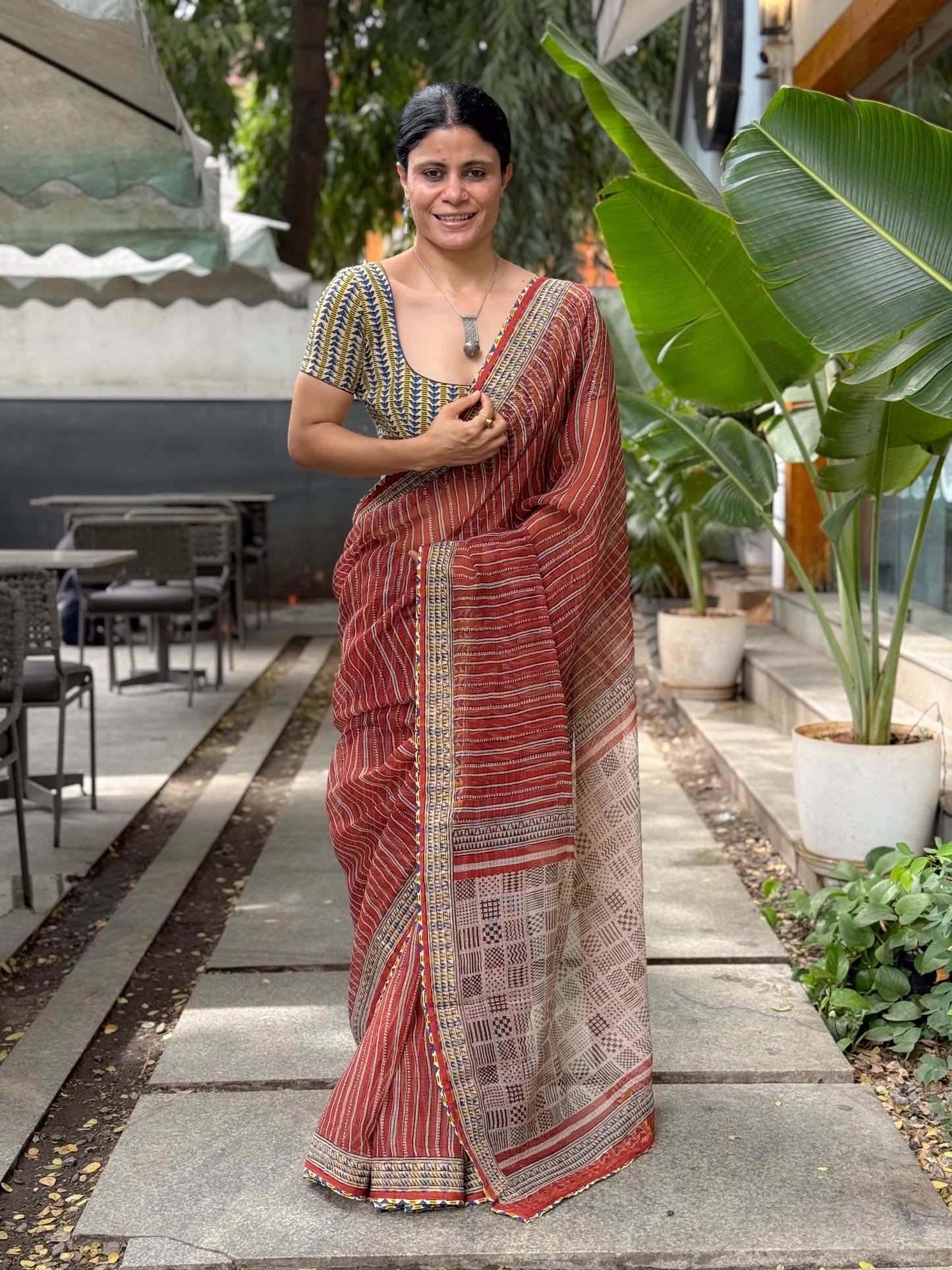 Handmade Natural Dyed Handblock Bagru / Dabu Printed Kota Doria Saree With Dabu Patch Border.