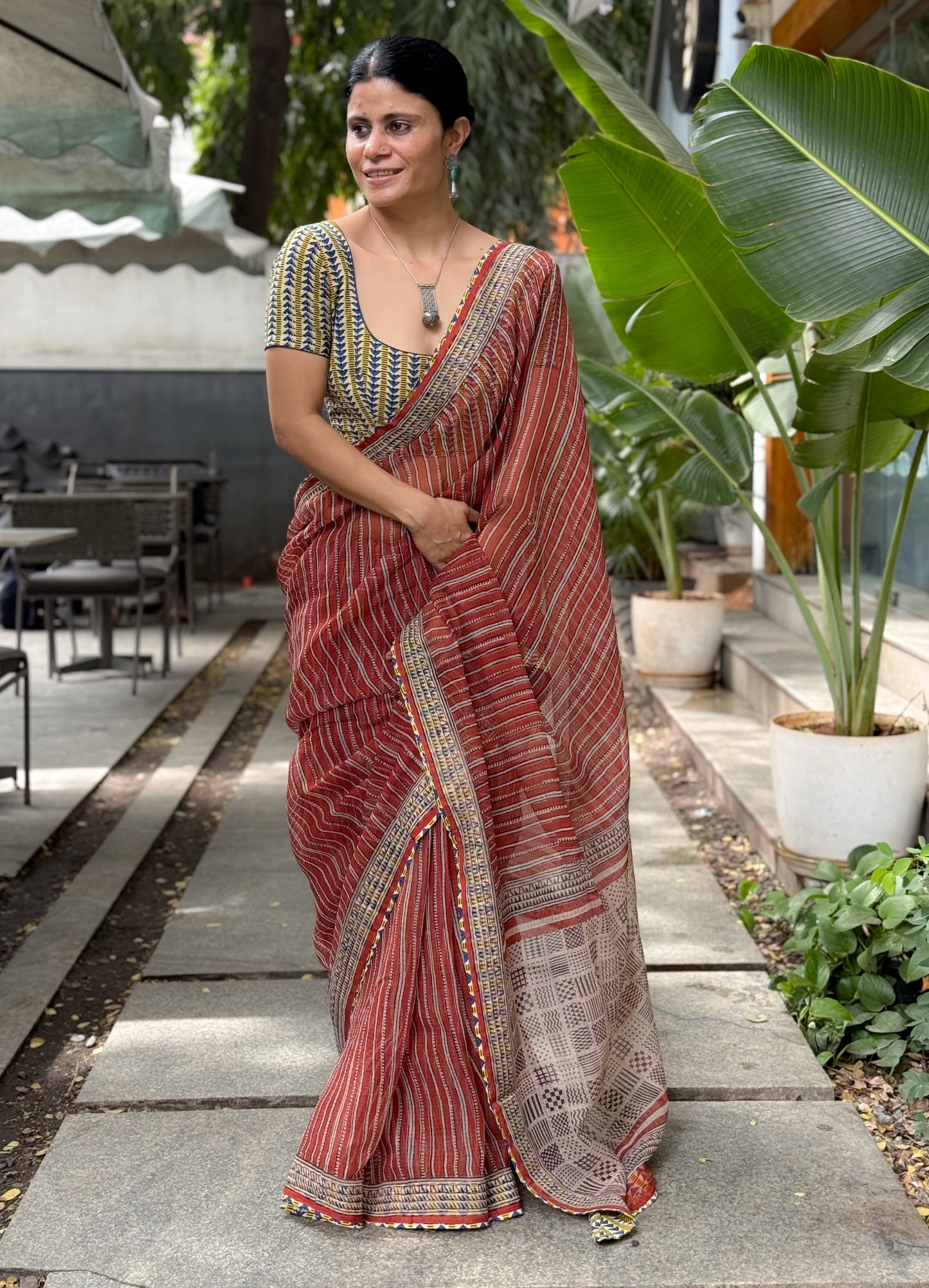 Handmade Natural Dyed Handblock Bagru / Dabu Printed Kota Doria Saree With Dabu Patch Border.