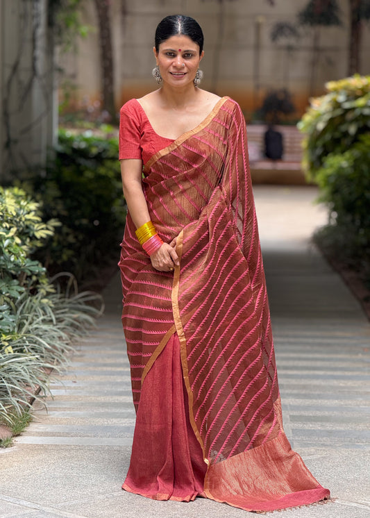 Handloom Linen Silk Metallic Saree With Woven Motifs In Tissue Silk Pallu.