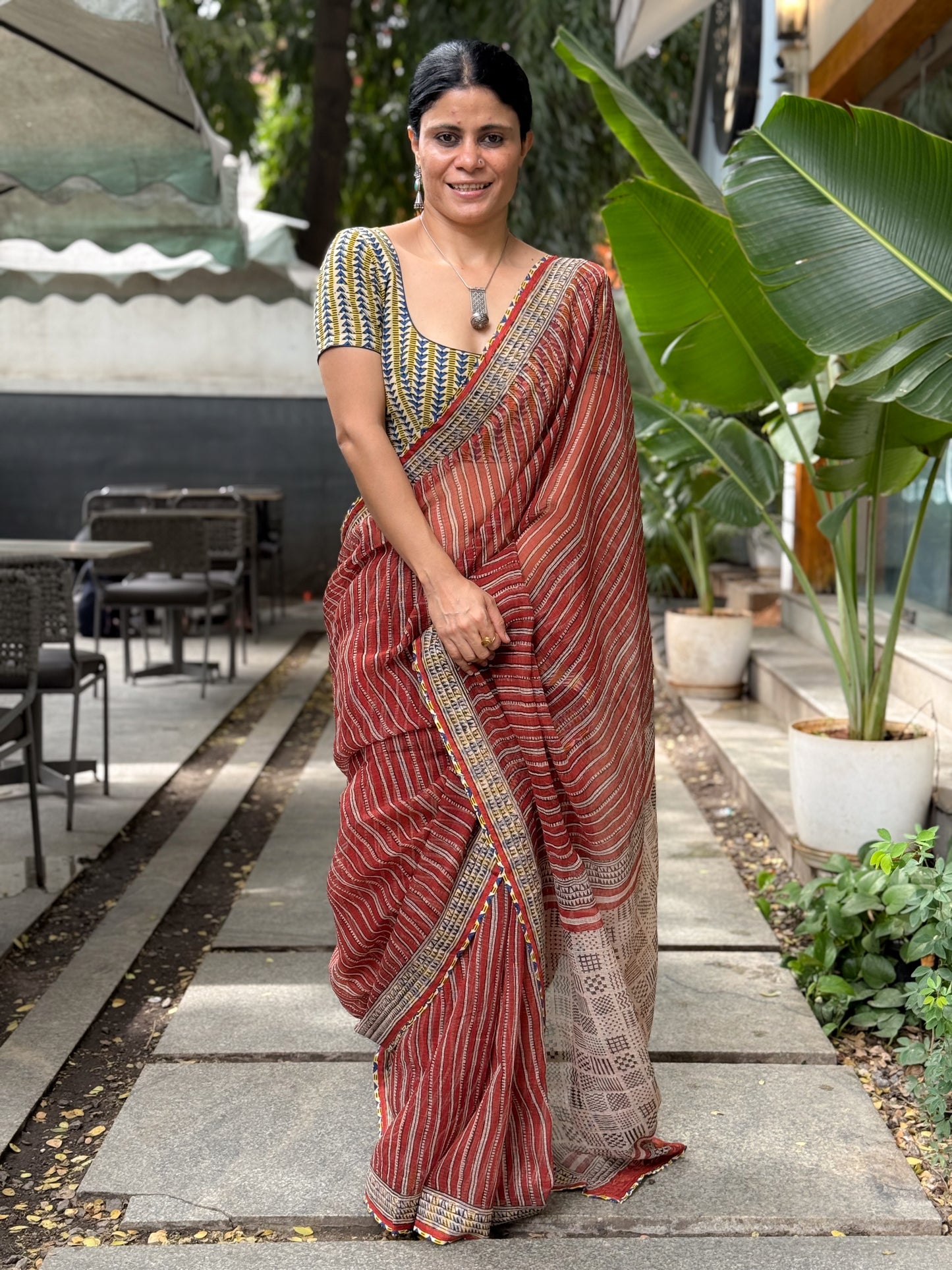 Handmade Natural Dyed Handblock Bagru / Dabu Printed Kota Doria Saree With Dabu Patch Border.