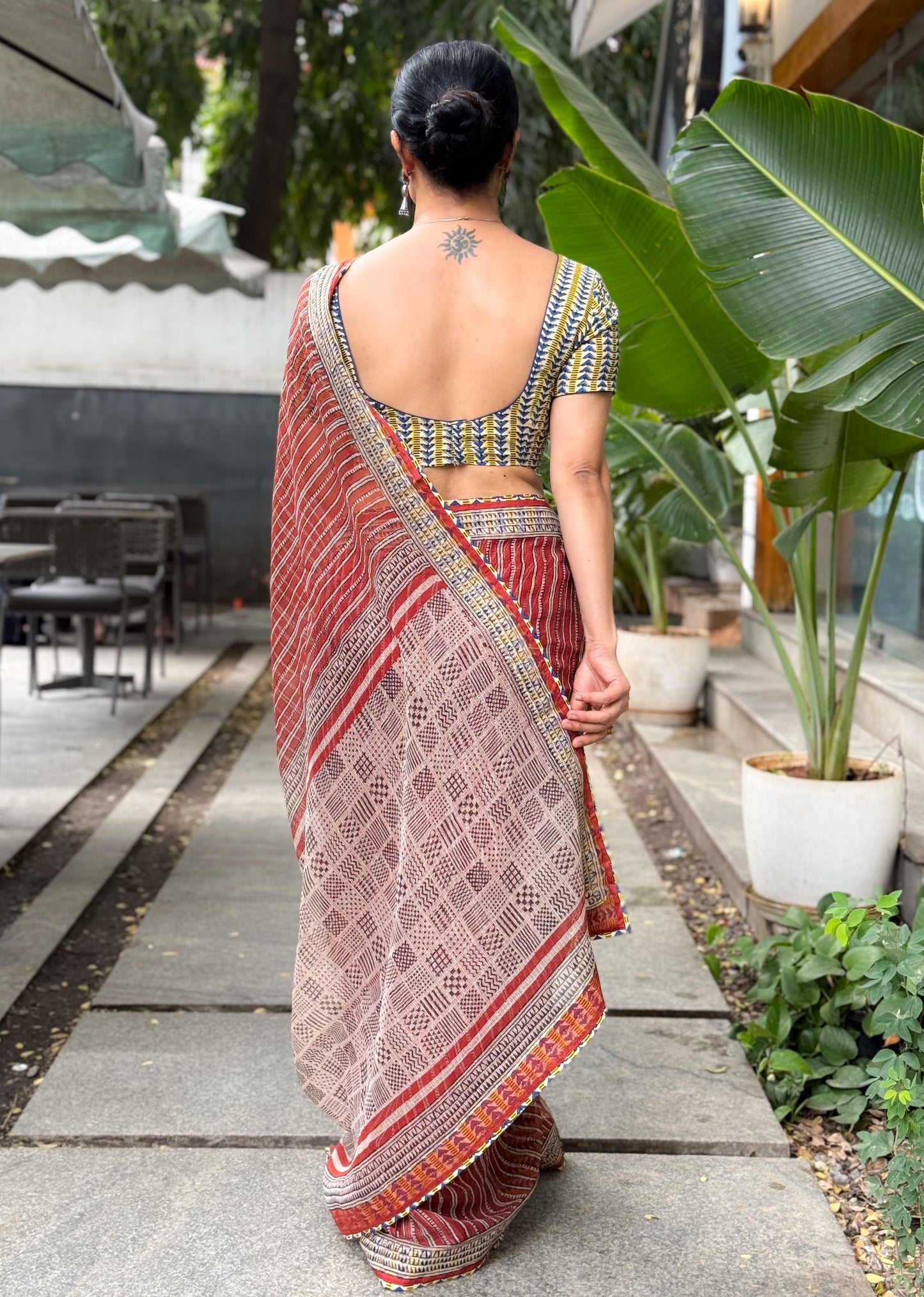 Handmade Natural Dyed Handblock Bagru / Dabu Printed Kota Doria Saree With Dabu Patch Border.