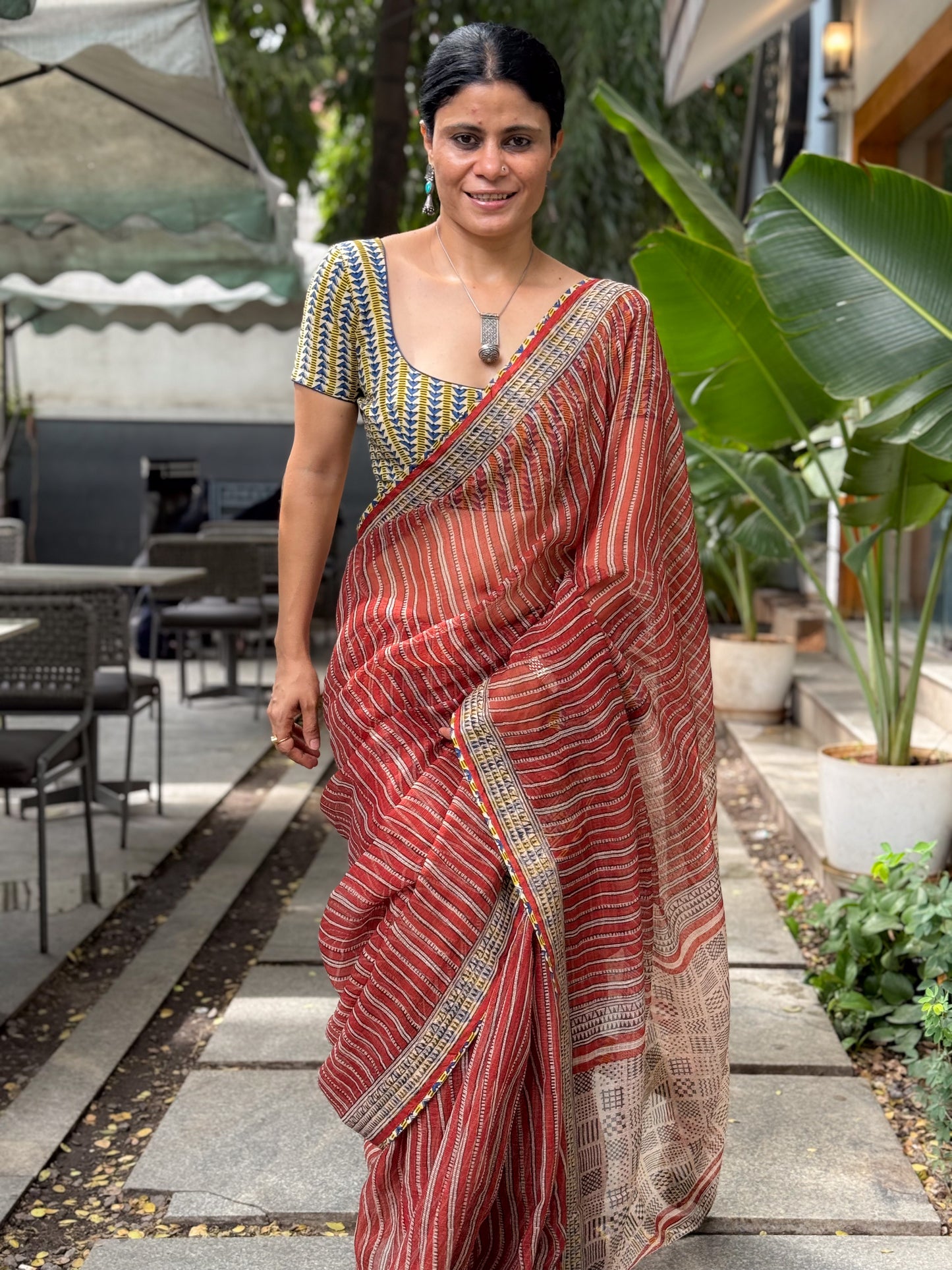 Handmade Natural Dyed Handblock Bagru / Dabu Printed Kota Doria Saree With Dabu Patch Border.