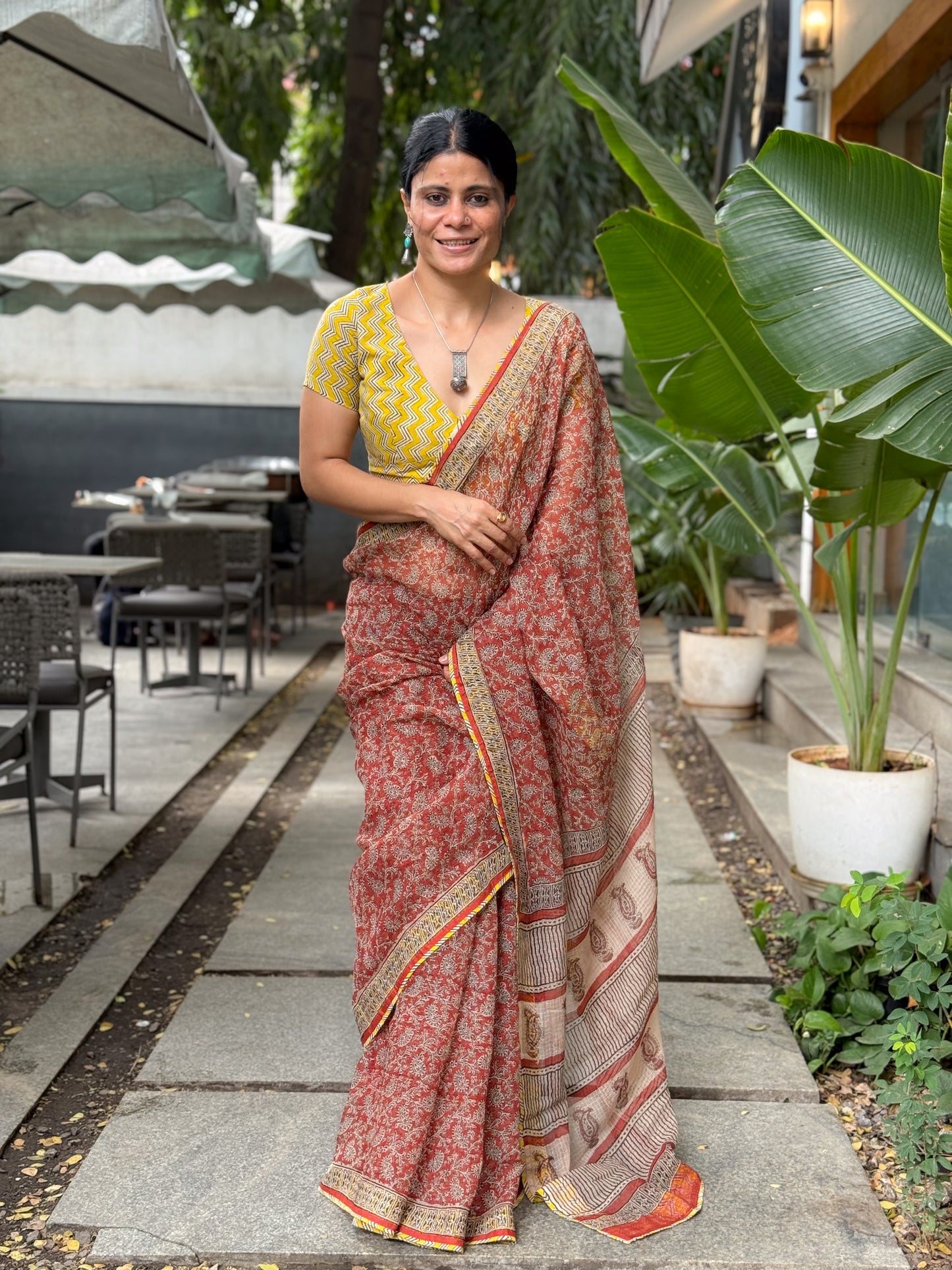 Handmade Natural Dyed Handblock Bagru / Dabu Printed Kota Doria Saree With Dabu Patch Border.