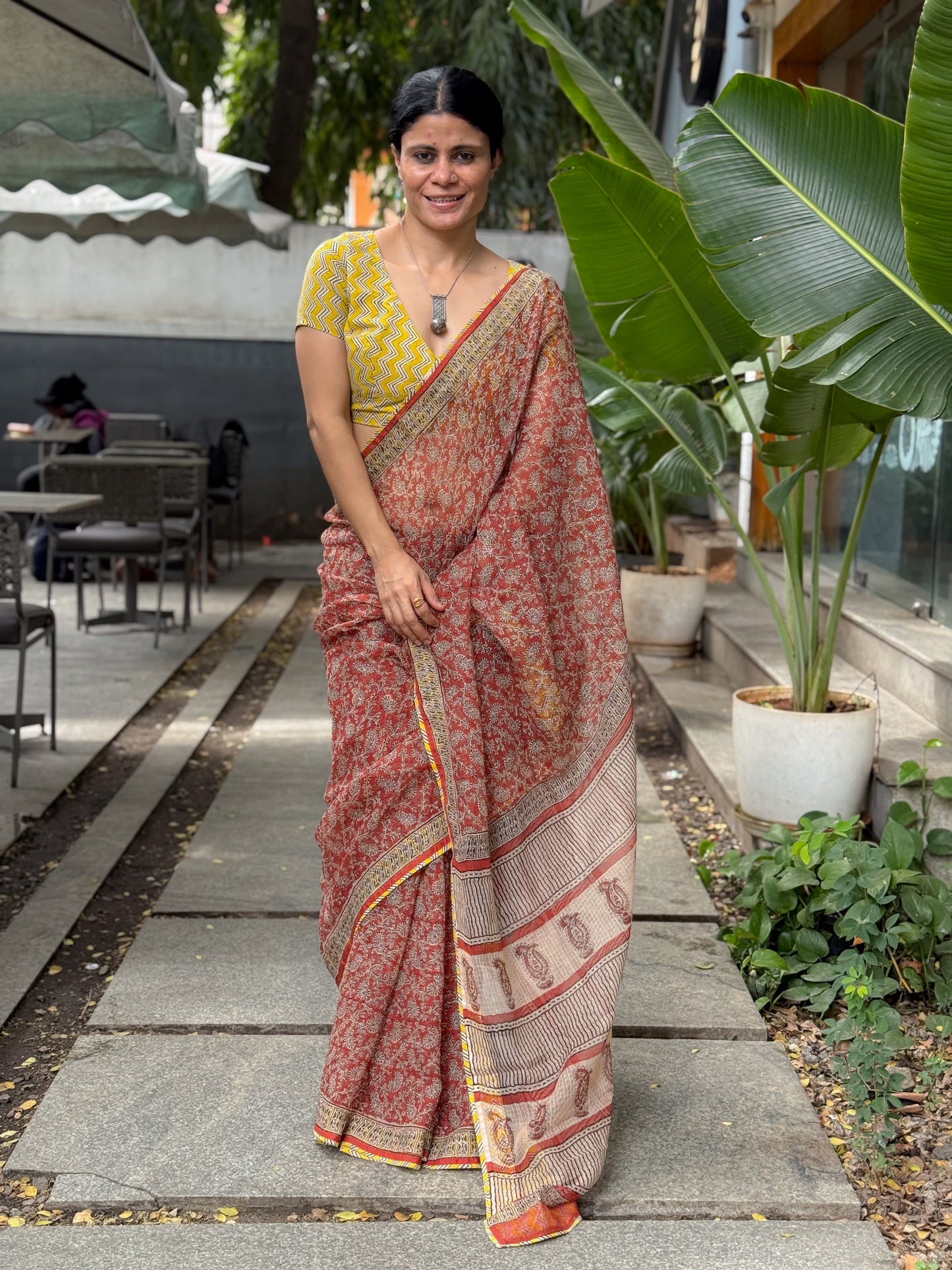 Handmade Natural Dyed Handblock Bagru / Dabu Printed Kota Doria Saree With Dabu Patch Border.