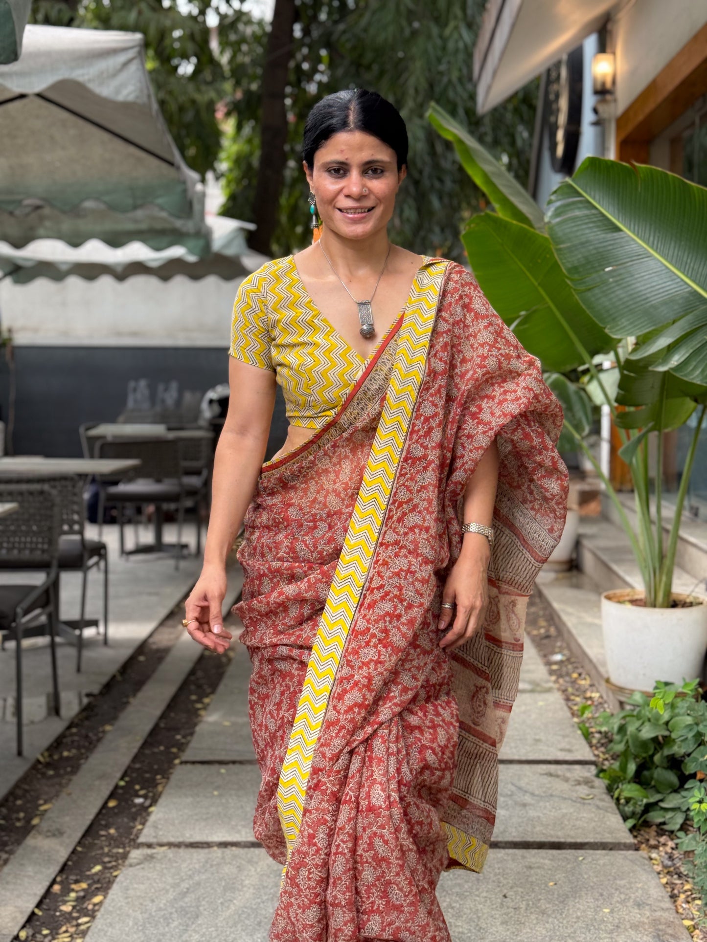 Handmade Natural Dyed Handblock Bagru / Dabu Printed Kota Doria Saree With Dabu Patch Border.