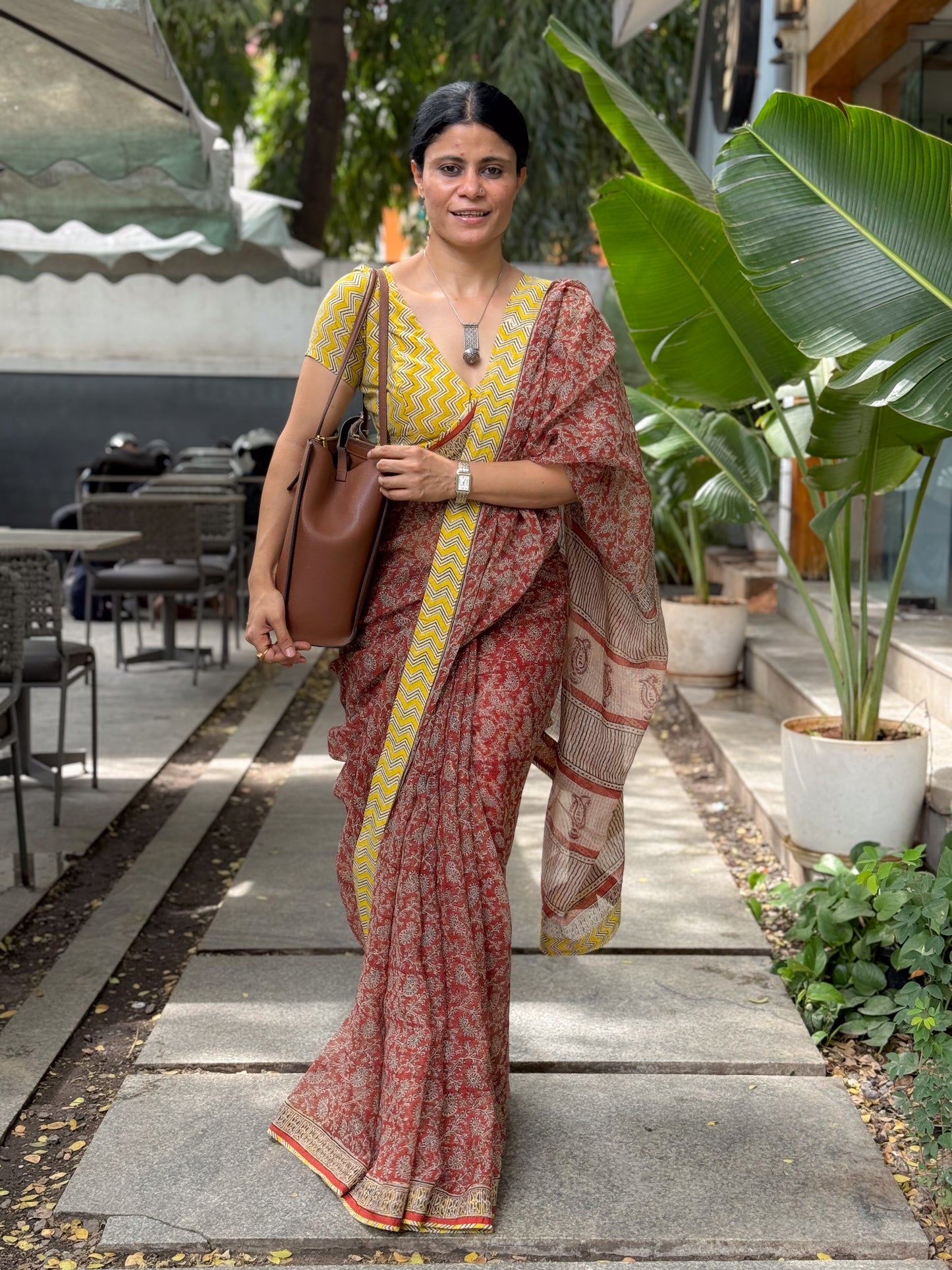 Handmade Natural Dyed Handblock Bagru / Dabu Printed Kota Doria Saree With Dabu Patch Border.