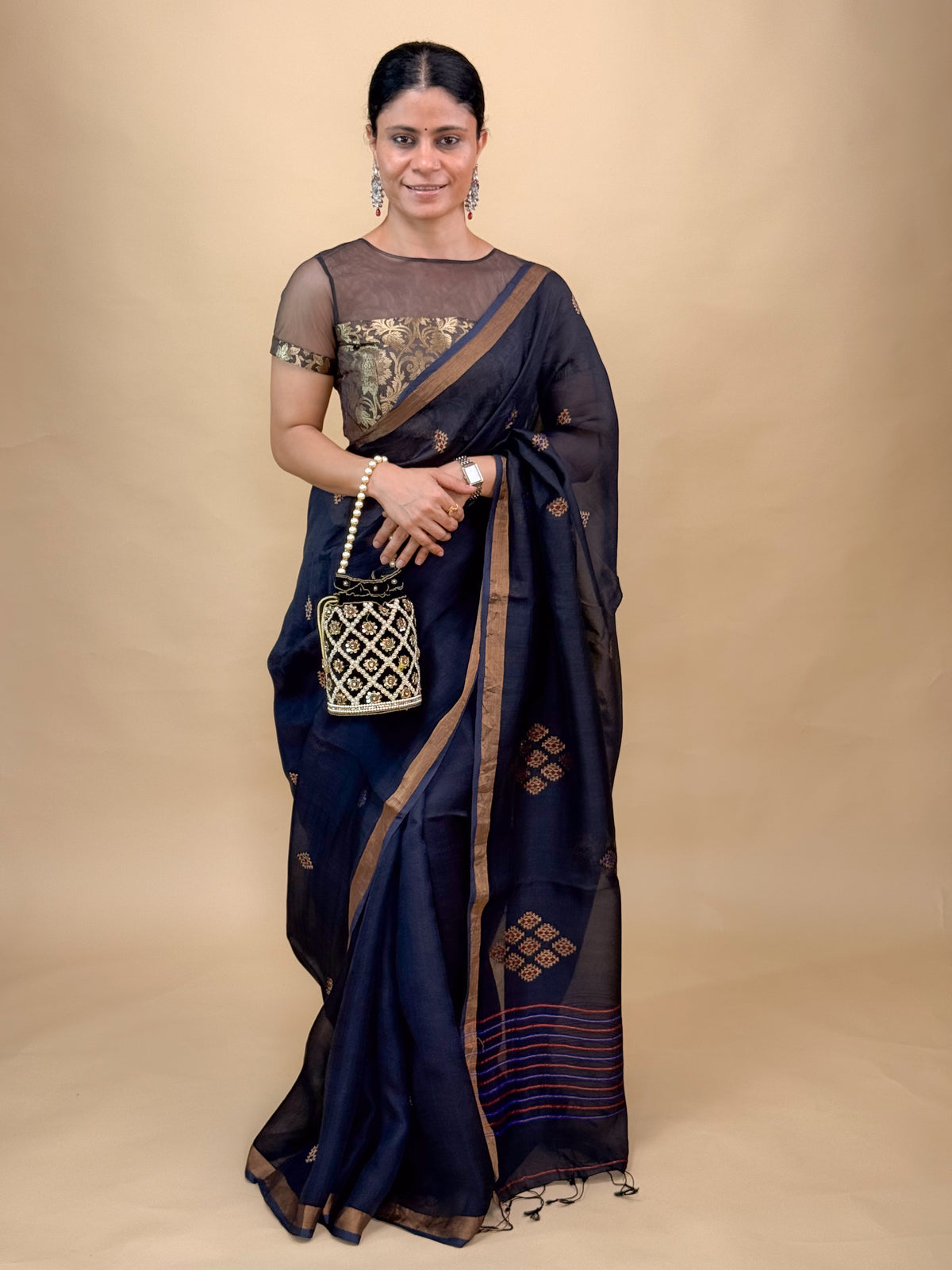 Handwoven Organza Silk Saree with Zari Motifs
