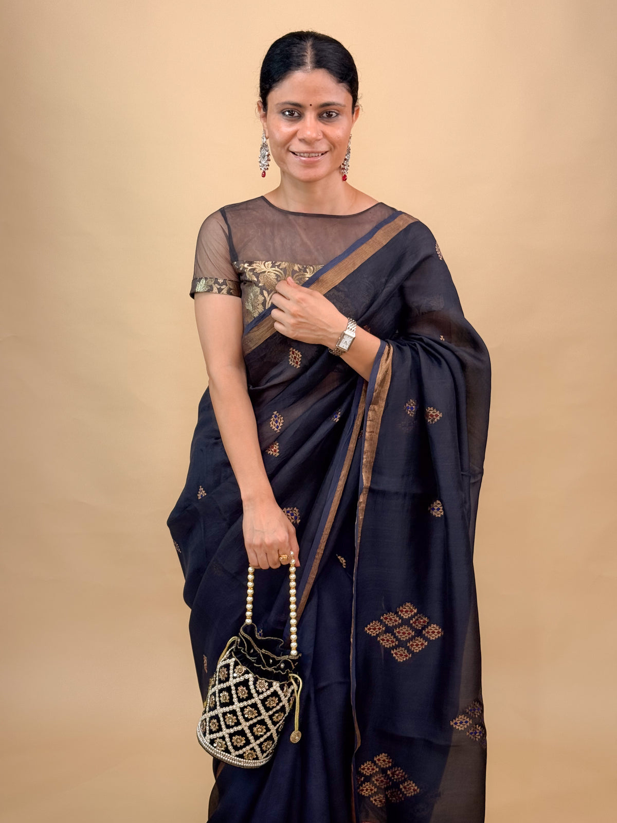 Handwoven Organza Silk Saree with Zari Motifs