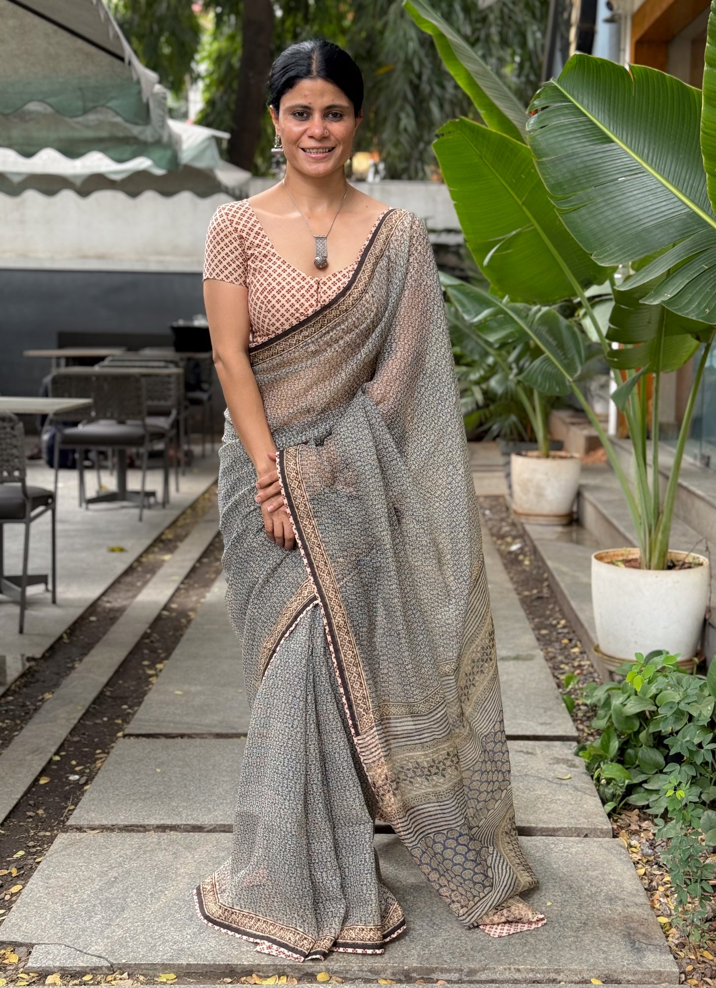 Handmade Natural Dyed Handblock Bagru / Dabu Printed Kota Doria Saree With Dabu Patch Border.