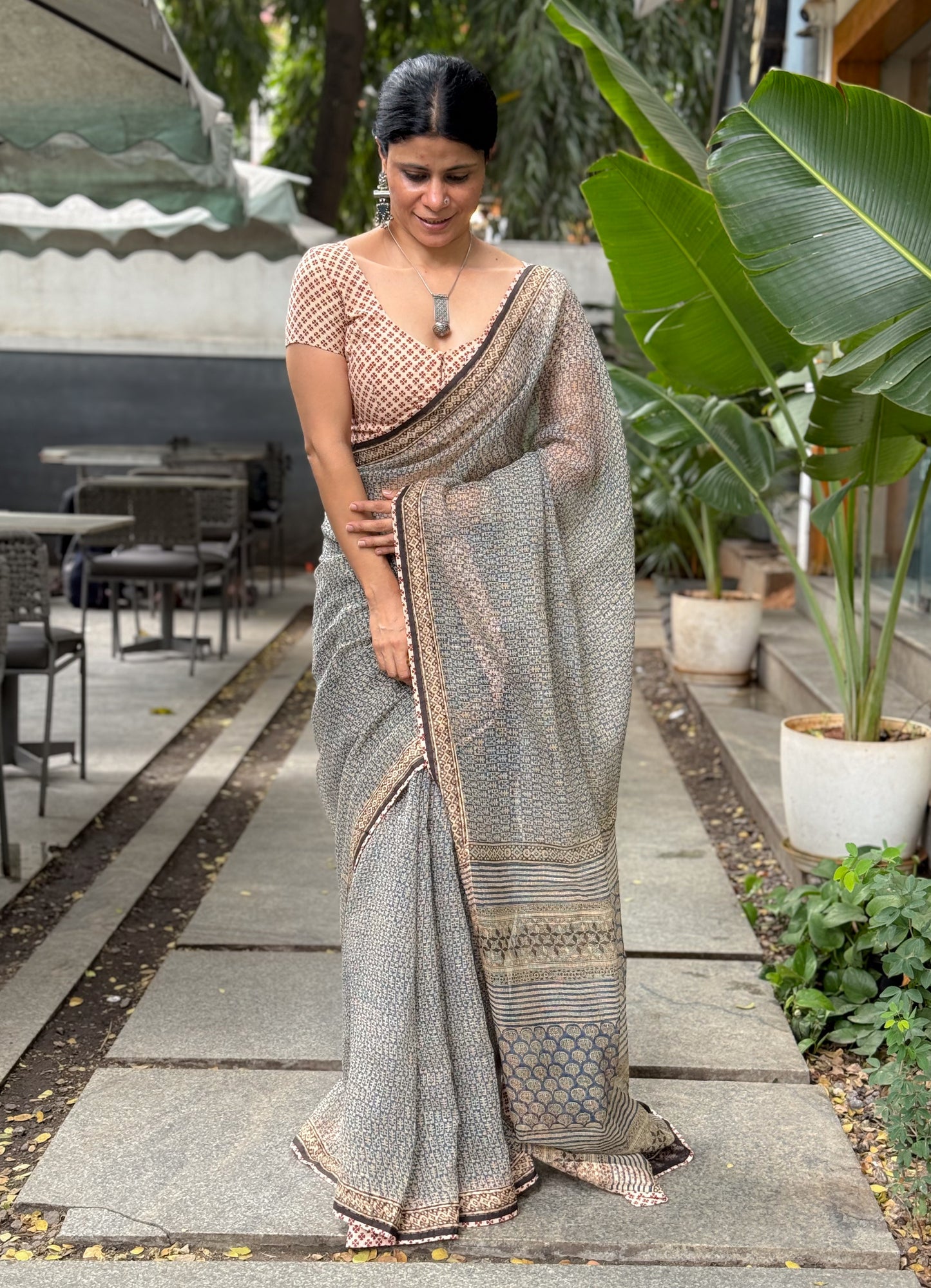 Handmade Natural Dyed Handblock Bagru / Dabu Printed Kota Doria Saree With Dabu Patch Border.