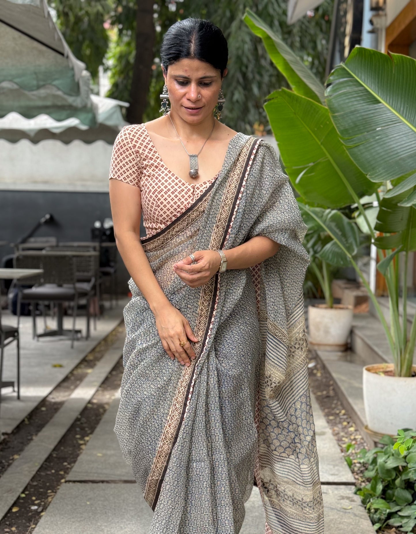 Handmade Natural Dyed Handblock Bagru / Dabu Printed Kota Doria Saree With Dabu Patch Border.