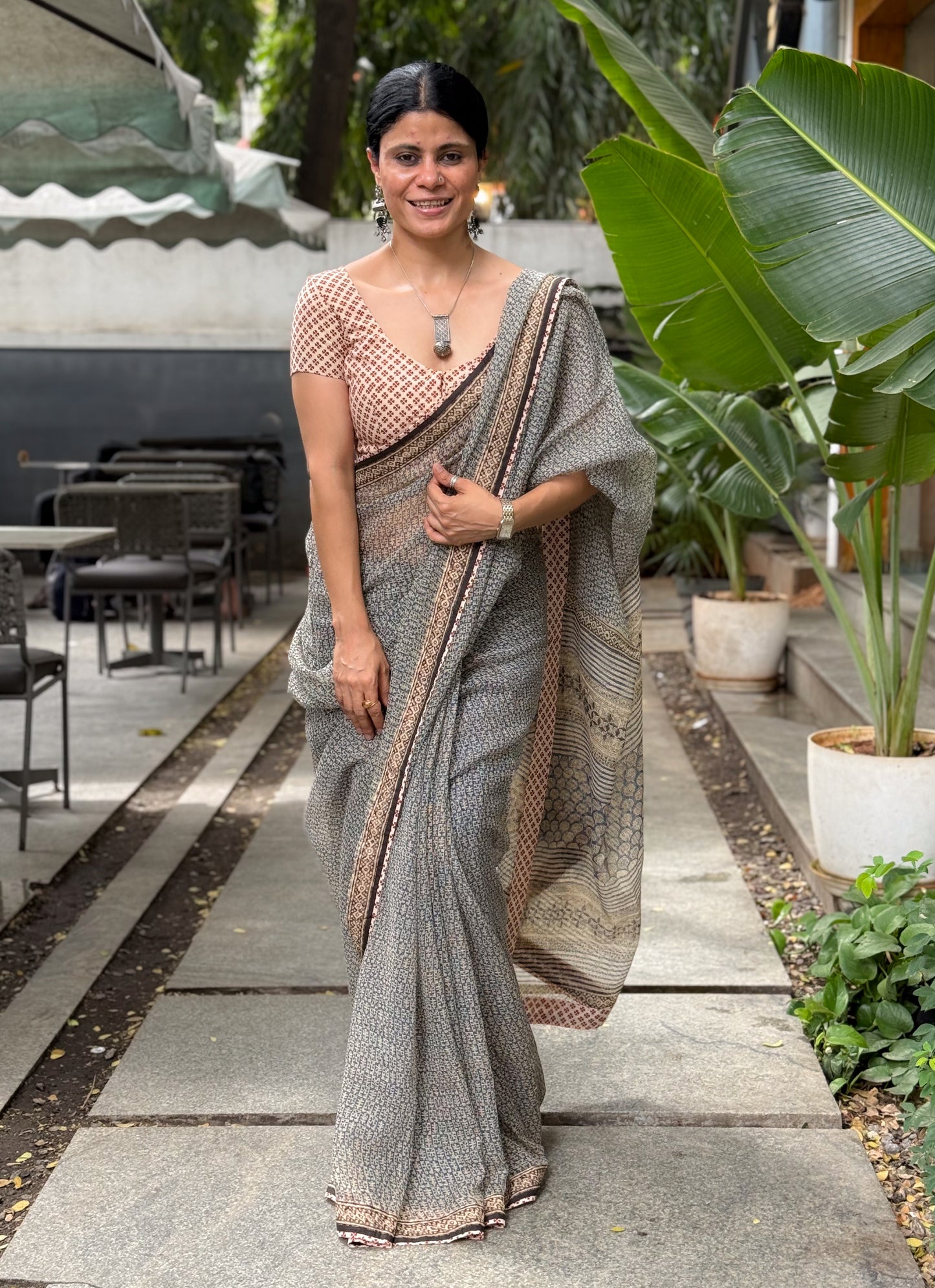 Handmade Natural Dyed Handblock Bagru / Dabu Printed Kota Doria Saree With Dabu Patch Border.