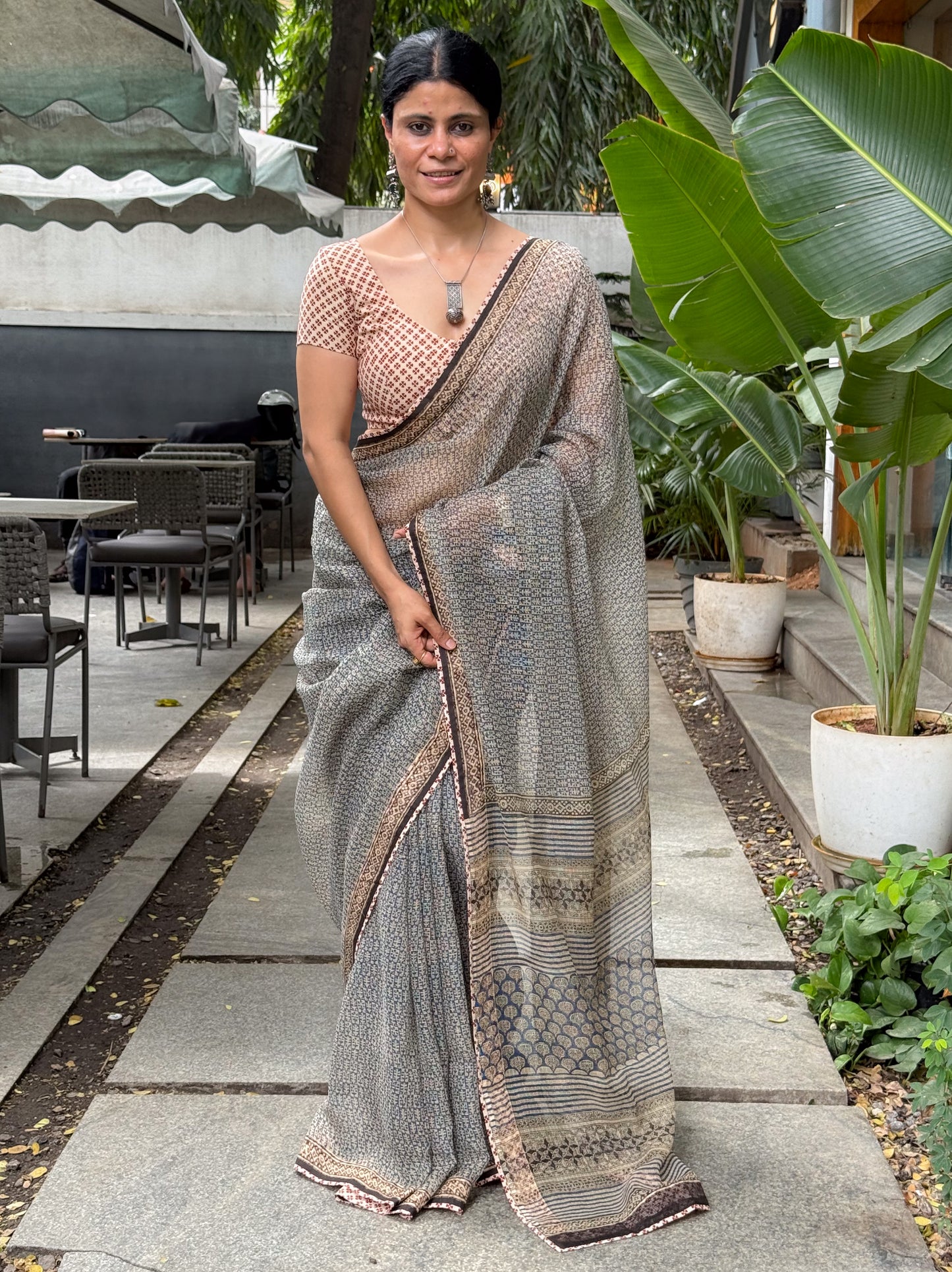 Handmade Natural Dyed Handblock Bagru / Dabu Printed Kota Doria Saree With Dabu Patch Border.