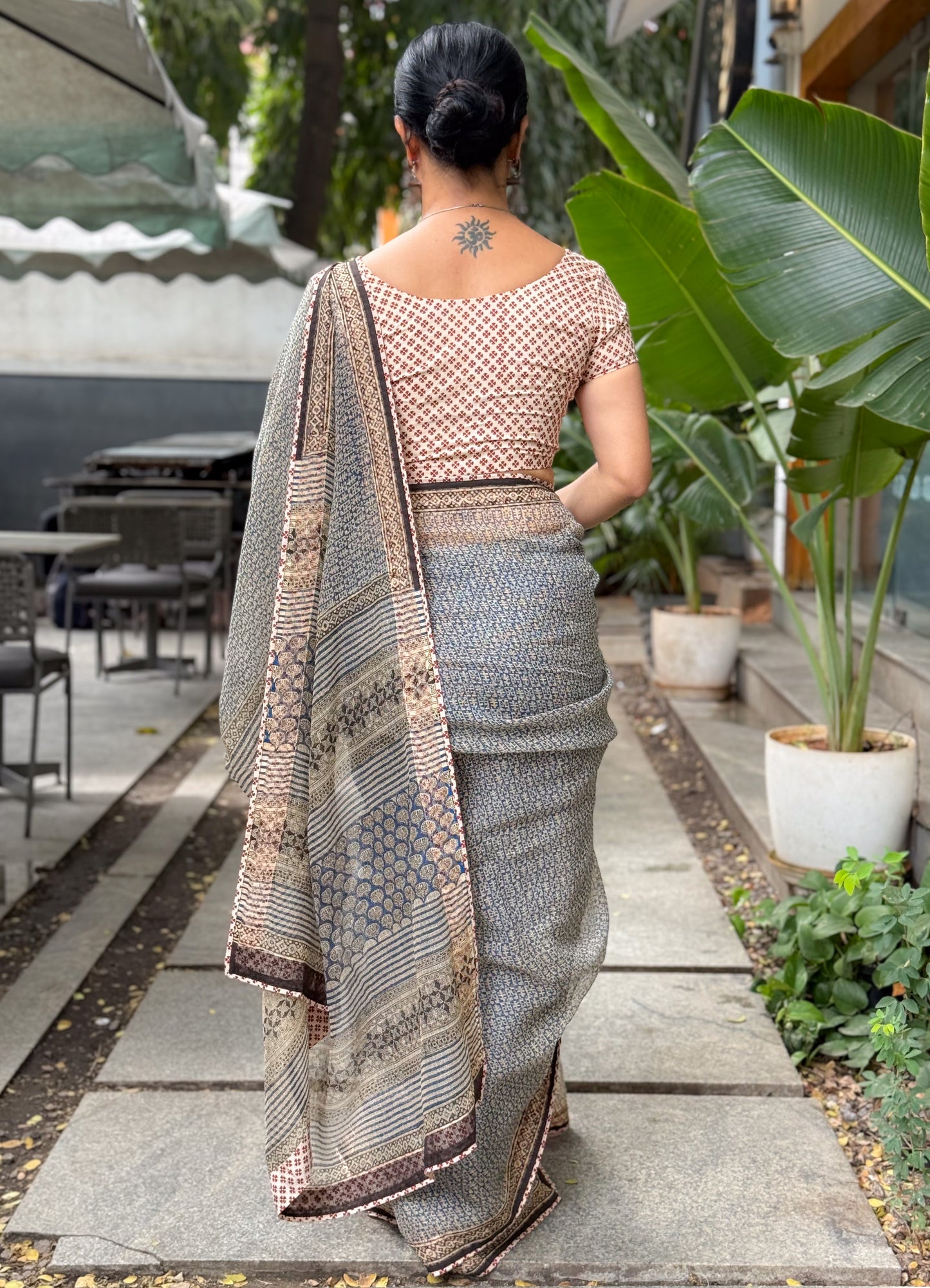 Handmade Natural Dyed Handblock Bagru / Dabu Printed Kota Doria Saree With Dabu Patch Border.