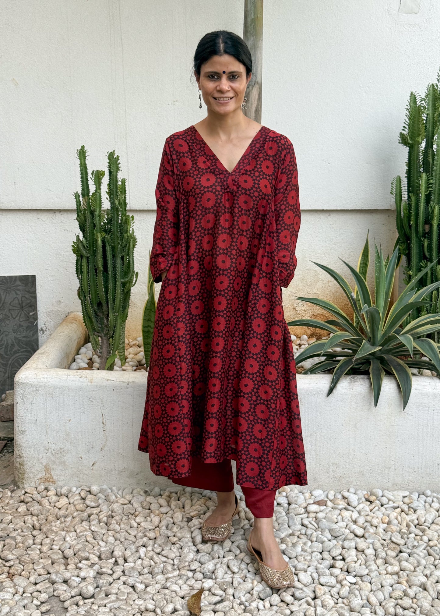 Handblock Printed Natural Dyed Ajrakh Chanderi Silk Kalidar Kurta