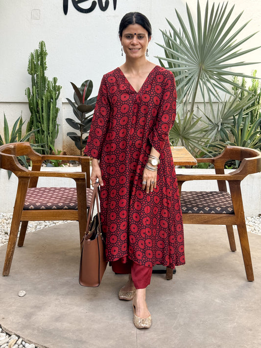 Handblock Printed Natural Dyed Ajrakh Chanderi Silk Kalidar Kurta