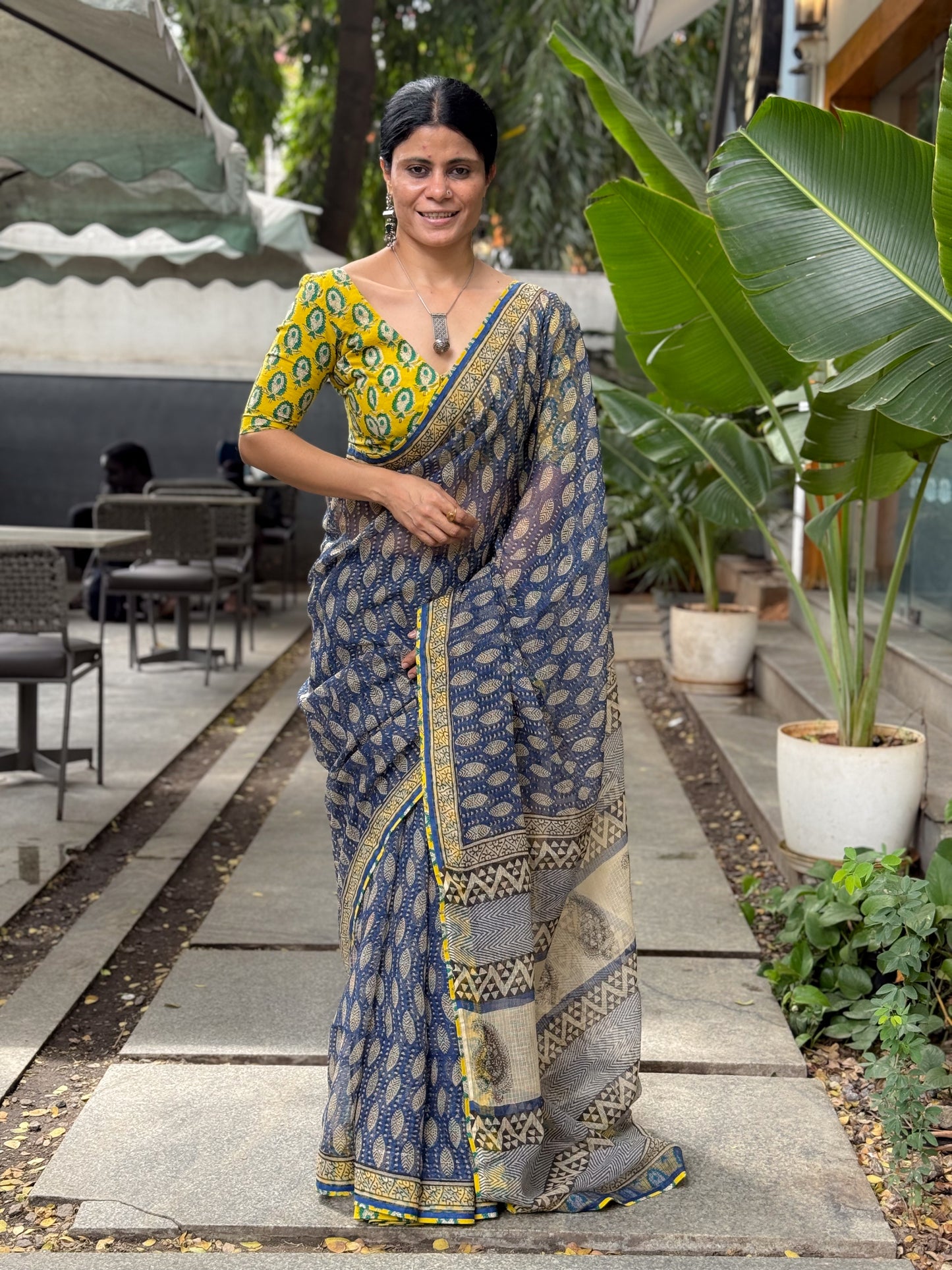 Handmade Natural Dyed Handblock Bagru/Dabu Printed Kota Doria Saree With Dabu Patch Border.