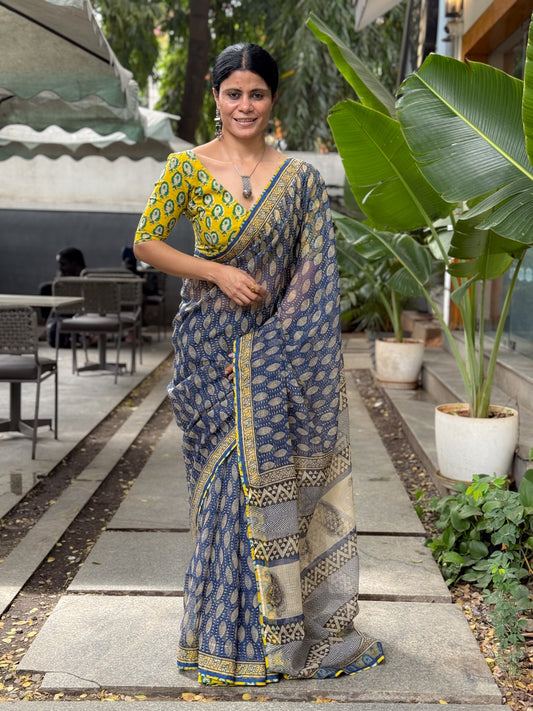 Handmade Natural Dyed Handblock Bagru/Dabu Printed Kota Doria Saree With Dabu Patch Border.