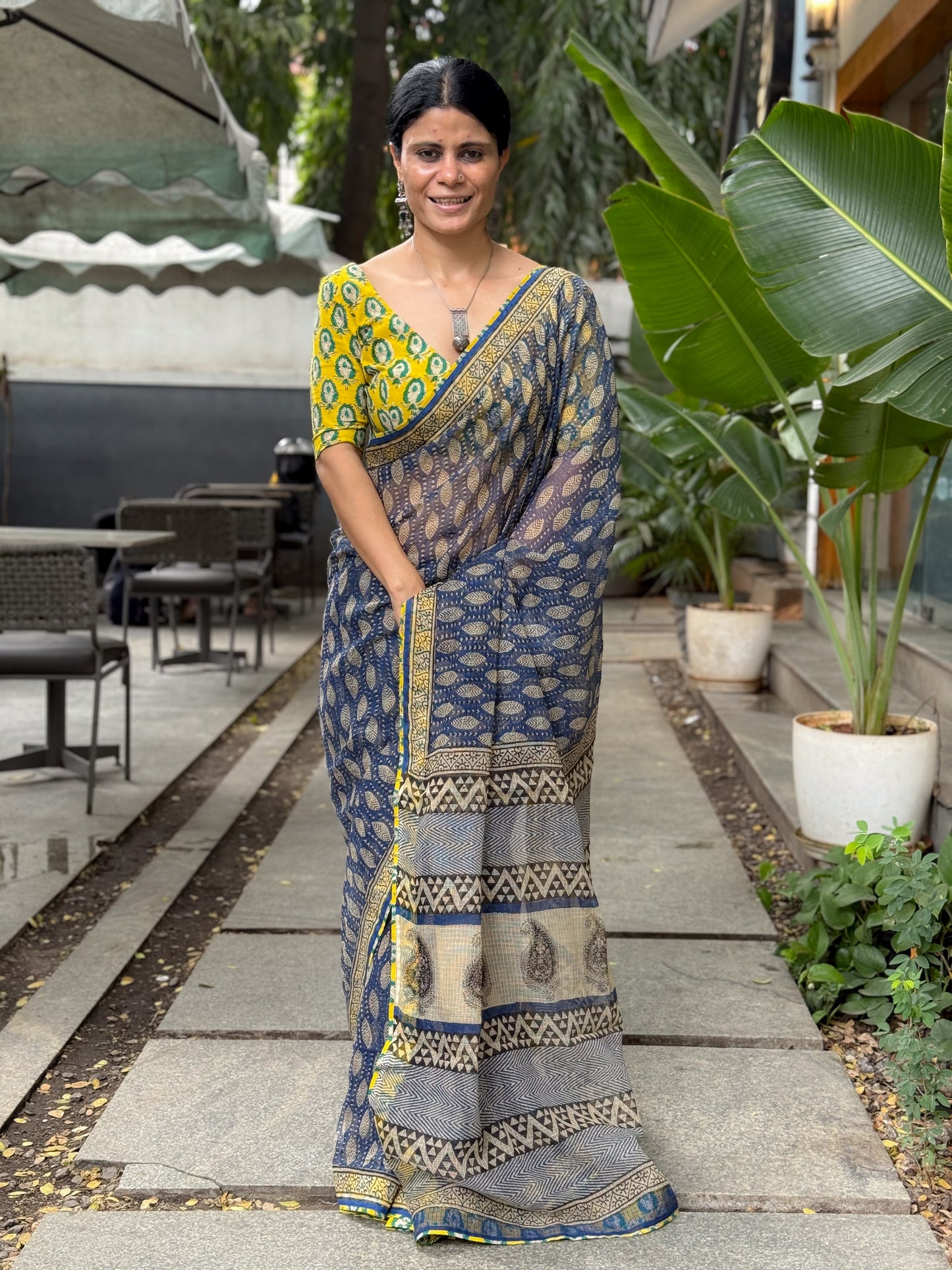 Handmade Natural Dyed Handblock Bagru/Dabu Printed Kota Doria Saree With Dabu Patch Border.