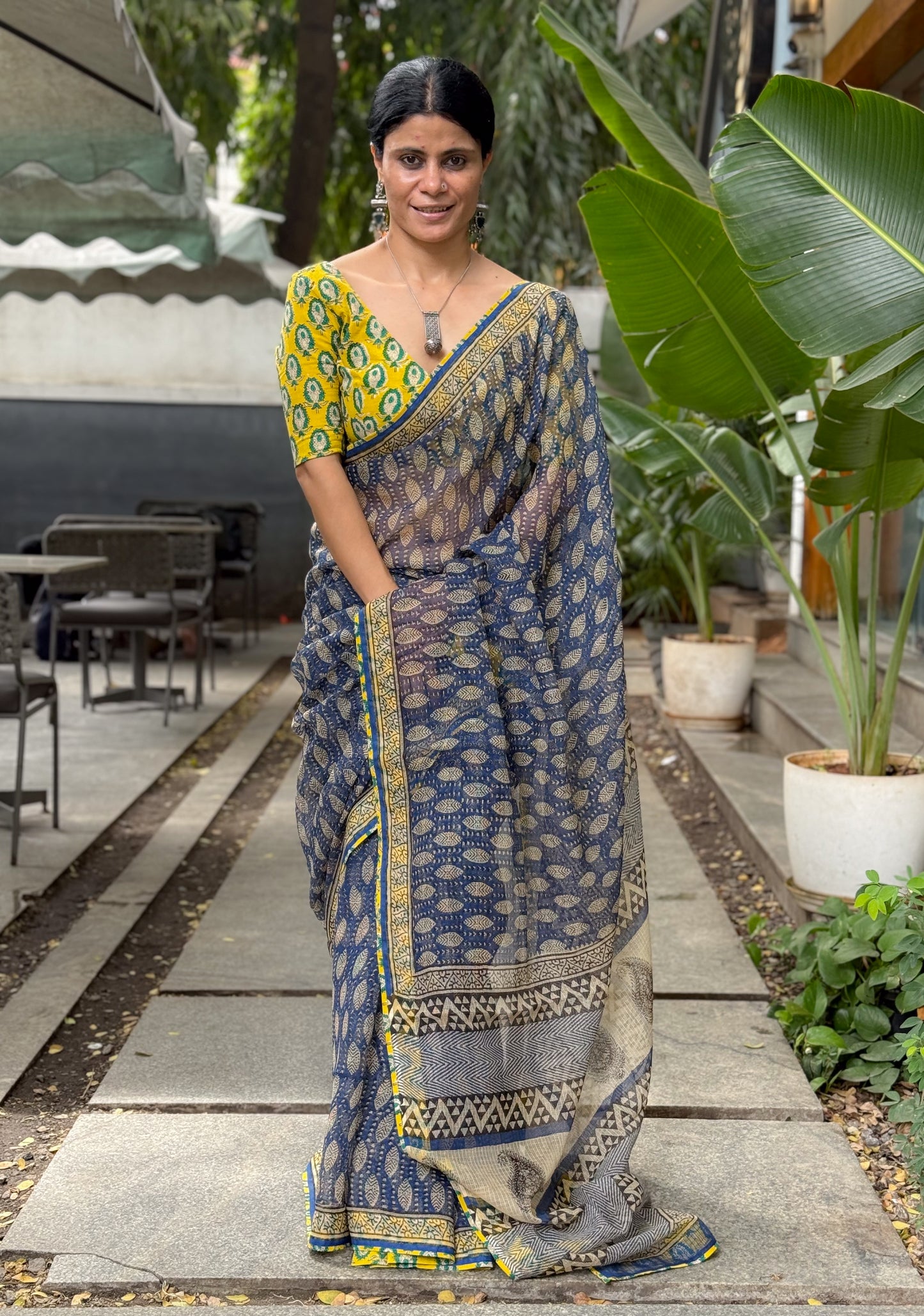 Handmade Natural Dyed Handblock Bagru/Dabu Printed Kota Doria Saree With Dabu Patch Border.
