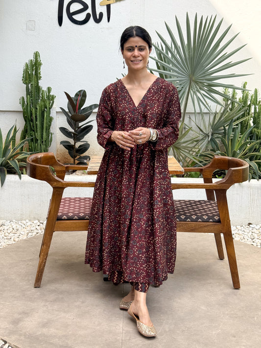 Handblock Printed Natural Dyed Ajrakh Chanderi Silk Kalidar Kurta